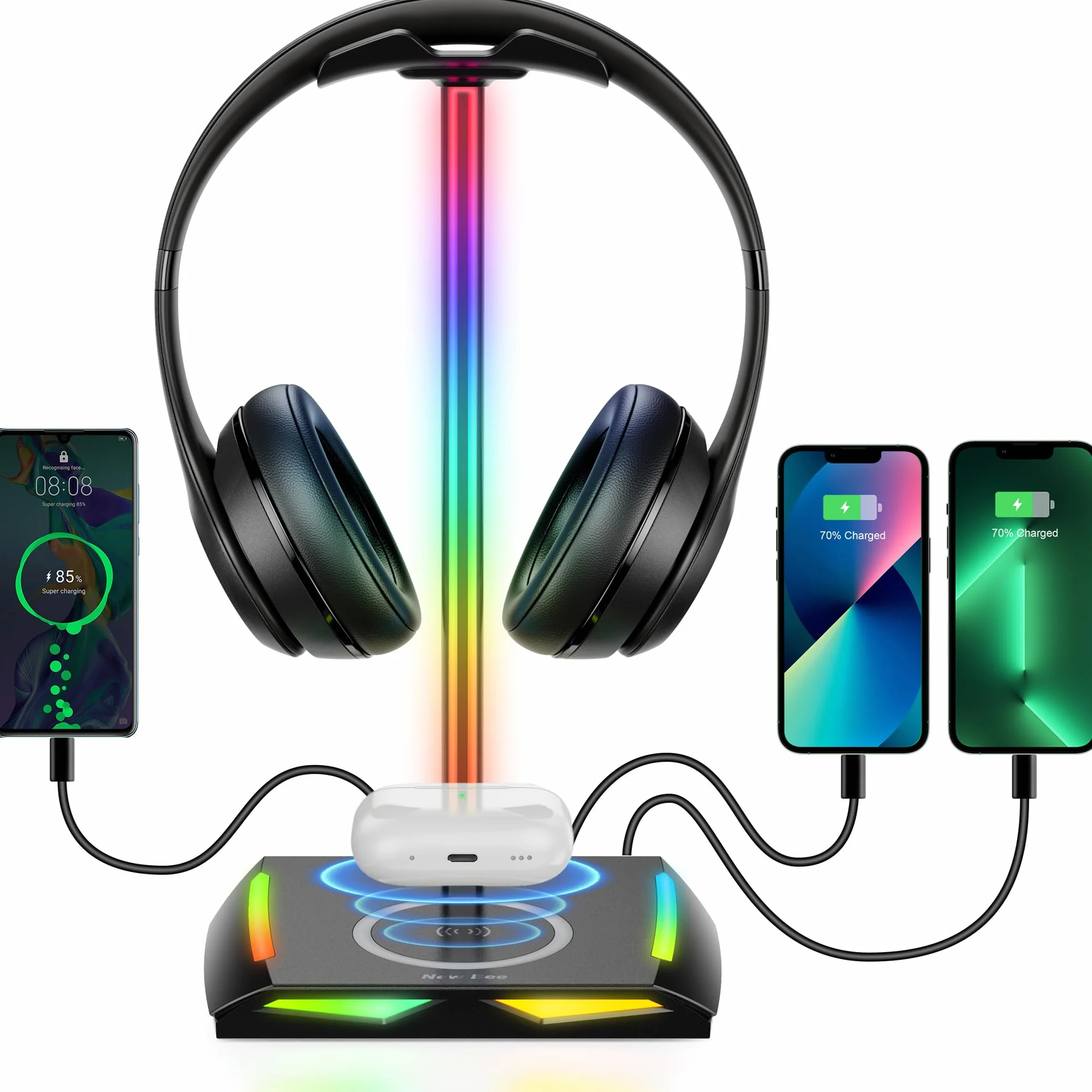 New Bee RGB stojak na słuchawki z ładowarką bezprzewodową, stojak na słuchawki gamingowe, uchwyt na słuchawki bezprzewodowe z funkcją ładowania bezprzewodowego z 1*USB 2*Typ-C 11 trybów efektów