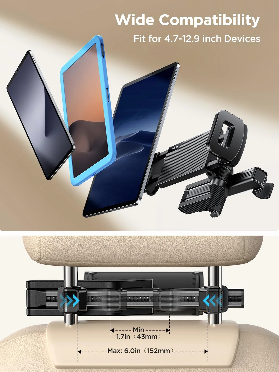 Joyroom Samochodowy uchwyt na tablet do zagłówka ze składanym ramieniem przedłużającym do iPada/Galaxy Tab/Fire/Switch