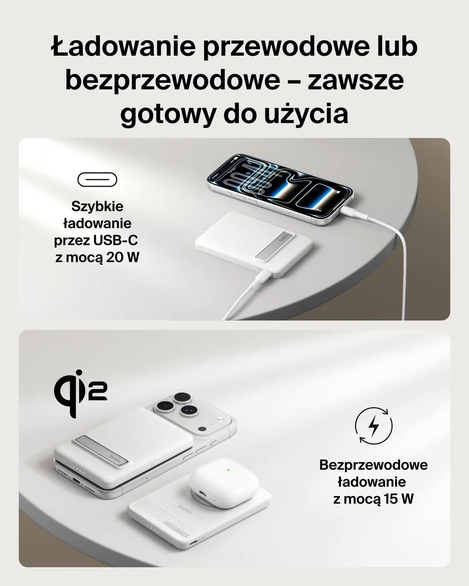 Belkin BoostCharge Cienki Magnetyczny Powerbank 5000 mAh, Podpórka – Biały | Powerbank Bezprzewodowy 5000 mAh Qi2, Pierścień Magnetyczny, Port USB-C, Naładowany, Kabel w Zestawie, do Podróży Samolotem