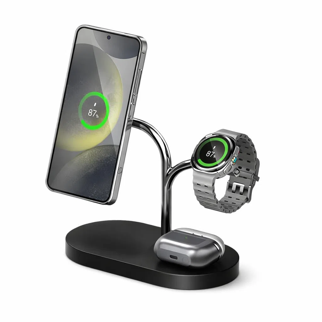 Ładowarka indukcyjna Samsung S25, magnetyczna 15 W, jednoczesne ładowanie: Smartfon, Watch, Buds (ładowarka 45 W łącznie). Stacja ładująca 3 w 1, stabilne wyrównywanie magnetyczne, kompaktowa