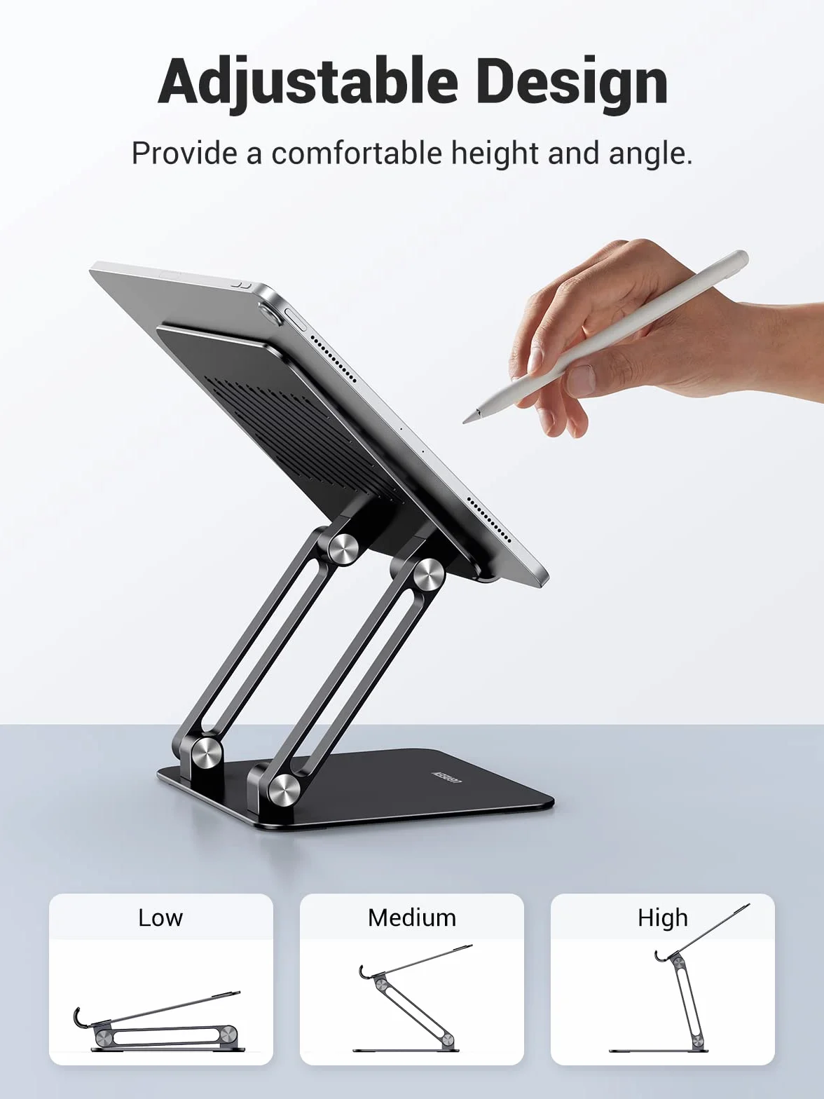 UGREEN Stojak na Tablet Regulowany Uchwyt Aluminiowy Składany Telefon Komórkowy Kompatybilny z iPad Pro Air Mini 11 12.9 Galaxy Tab S9 Huawei MatePad iPhone 15 do 12,9 cala (Czarny)