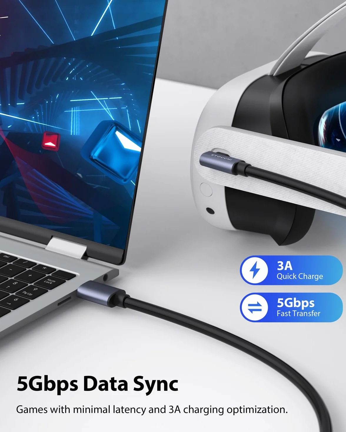 Kabel łączący 5 m do Meta/Oculus Quest2/Pro, PICO 4, PC/Steam VR, szybkie ładowanie USB 3.0
