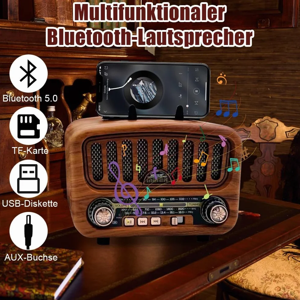 Radio AM/FM/SW retro z Bluetooth 5.0, nostalgiczne radio małe, z akumulatorem 1800 mAh, radio kuchenne i radio walizkowe z głośnikiem 5 W, obsługuje USB/TF/AUX, radio vintage do domu, biura, na