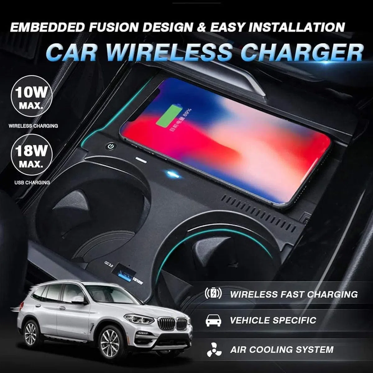Bezprzewodowa ładowarka Samochodowa do BMW X3 X3M G01 2018-2022/X4 X4M G02 2019-2022 Panel Akcesoriów Konsoli środkowej, Szybka ładowarka 15W do Dowolnego Telefonu Z Obsługą Qi