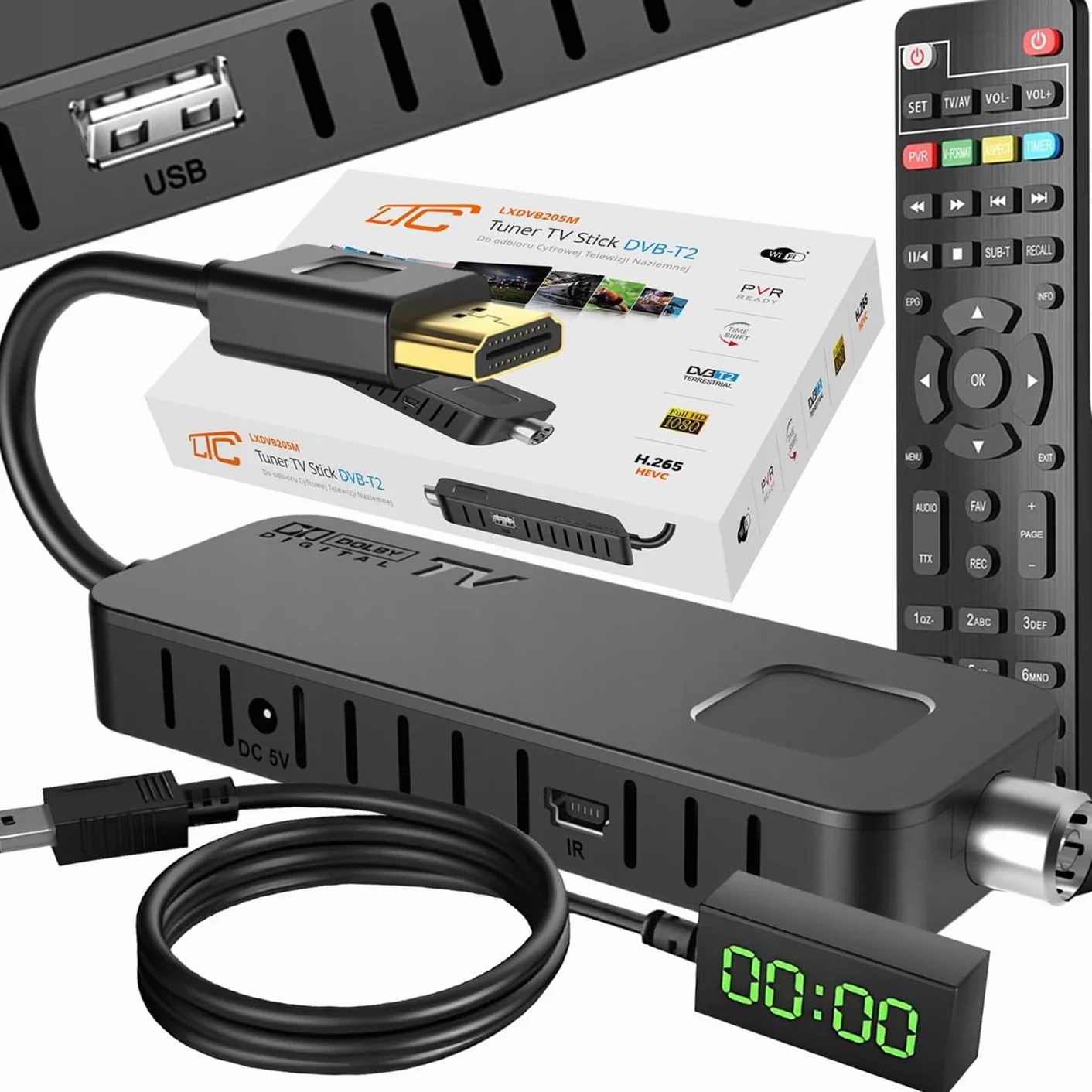 LTC Mini DVB-T2 HD Stick Receiver, H.265 HEVC dekoder, Full HD 1080p, programowalny pilot zdalnego sterowania 2 w 1, nagrywanie PVR, USB, HDMI, czujnik podczerwieni, czarny