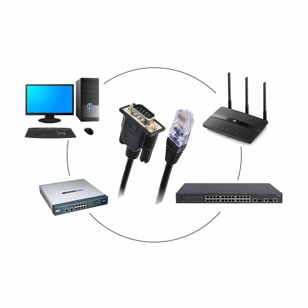 RJ45 do RS232, DB9 9-biegunowy port szeregowy wtyczka do gniazda RJ45, konsola CAT5/6 Ethernet LAN, 1 metr męski port