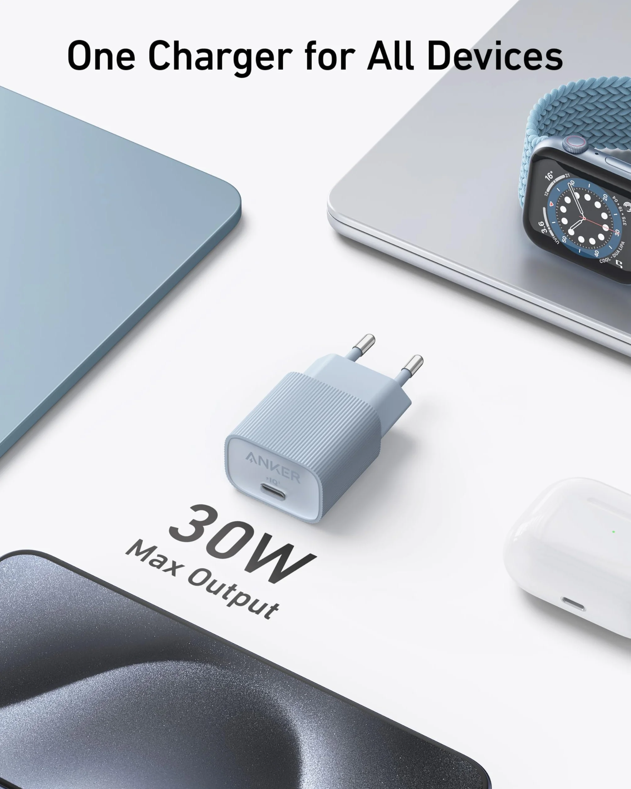 Kostka USB C Anker Nano, szybka ładowarka USB C o mocy 30 W ze składaną wtyczką, szybkie ładowanie PIQ 3.0 i PPS