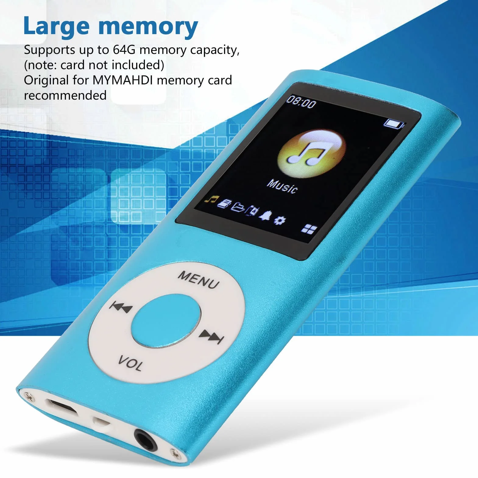 Odtwarzacz MP3/odtwarzacz MP4, Odtwarzacz Muzyczny MP4 Obsługuje Kartę TF o Pojemności do 64 GB, Cyfrowy Ekran LCD o Przekątnej 1,8 Cala, Przenośny Bezstratny Odtwarzacz Muzyczny HiFi(Niebieski)