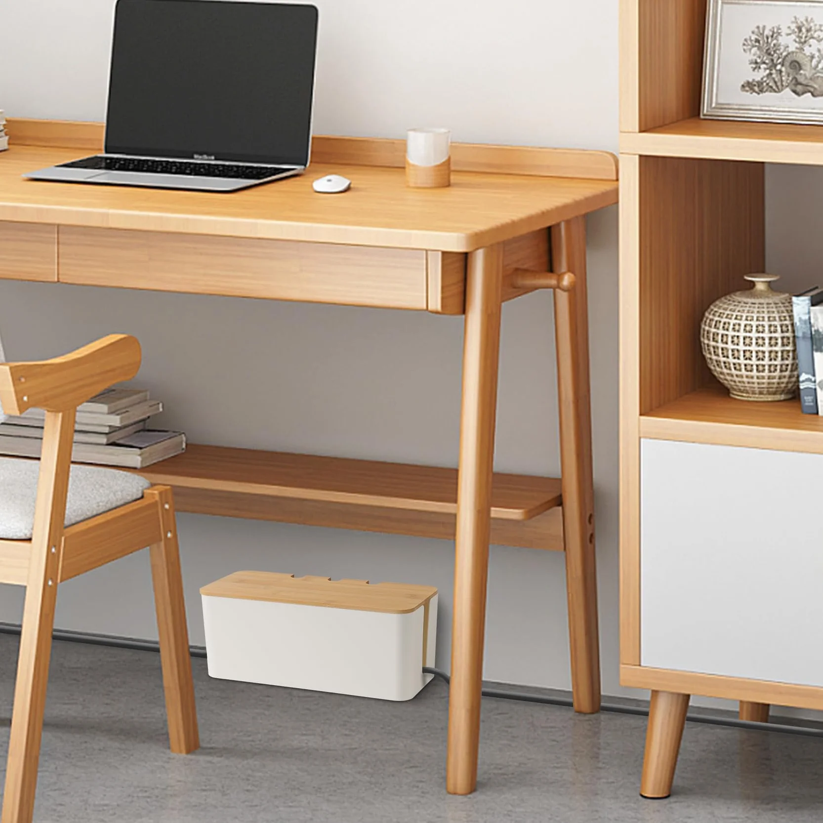 Skrzynka na Kable 3 Sztuki Pudełko z Drewnianą Pokrywką, Cable Organizer Box z Taśmami, Duży Średni Mały