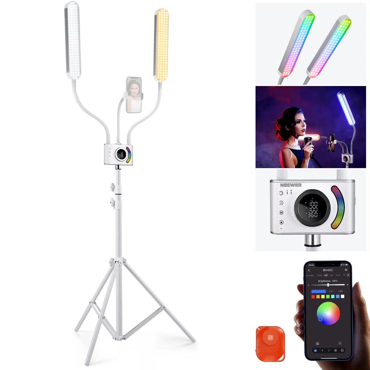 NEEWER BH40C Zestaw RGB, zestaw pałeczek świetlnych RGB, sterowanie aplikacją/paskiem dotykowym, dwuramieniowe oświetlenie wideo LED, uchwyt na telefon/statyw/torbę, 2500K-10000K 18 scen do tatuażu i