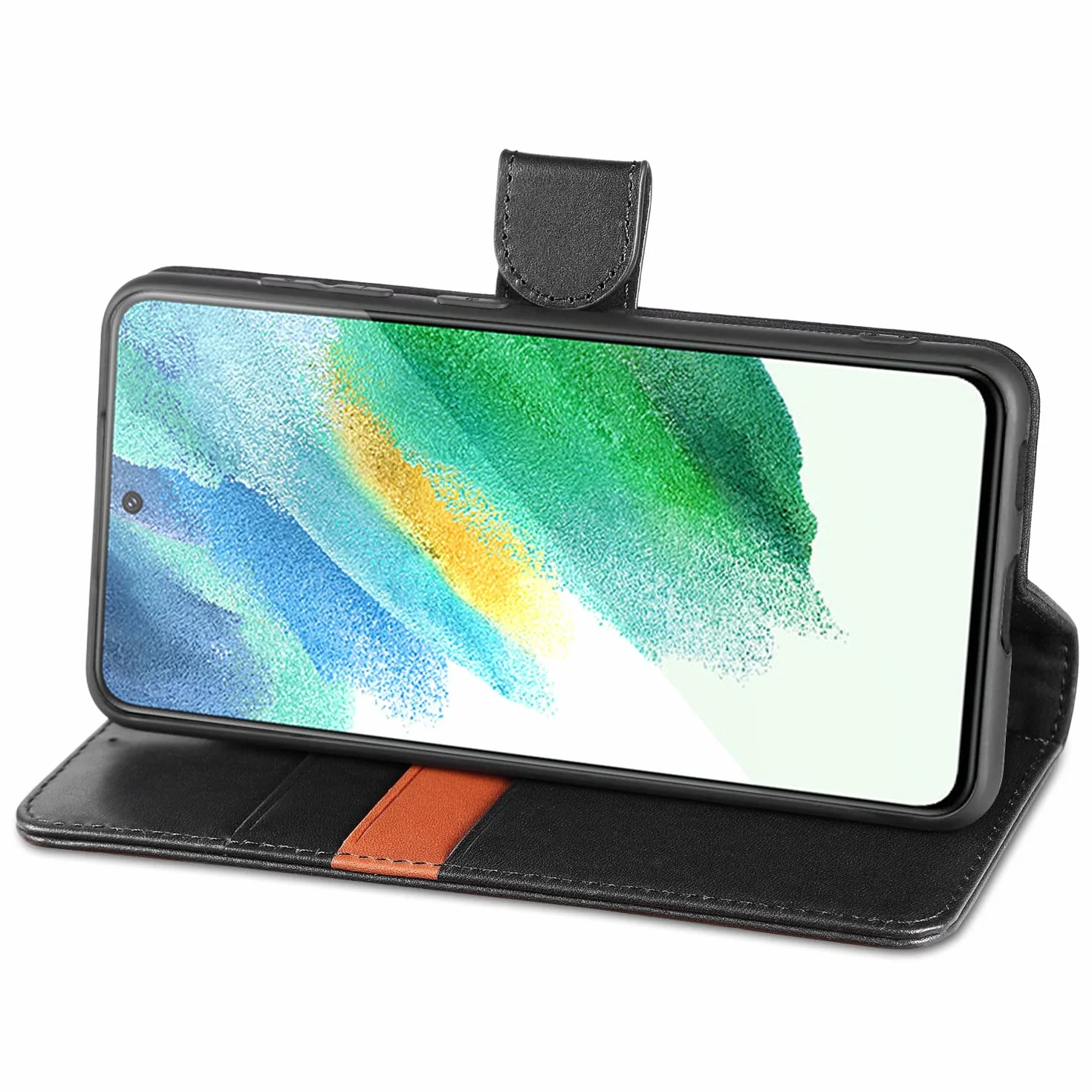 Etui LENSUN do Samsung Galaxy S21 FE 5G, etui z prawdziwej skóry portfel [RFID Blokad] z pamięcią na karty i zapięciem magnetycznym kompatybilne z Samsung S21 FE 5G- czarne (S21FE-JT-5BK)