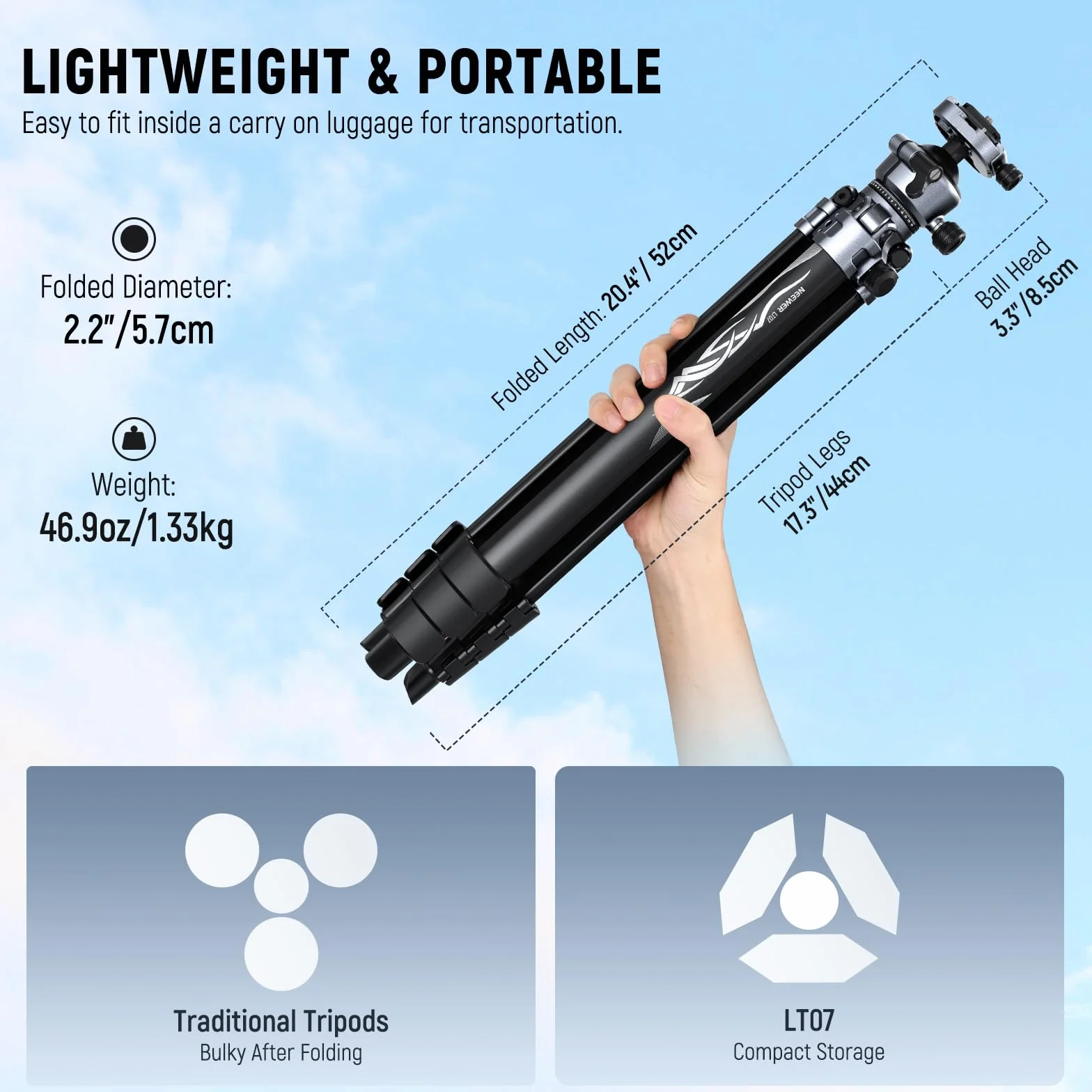 NEEWER LITETRIP LT07 Aluminiowy statyw do aparatu, głowica kulowa Pan Tilt, płyta Arca QR do płyty statywu Peak Design V3, podwójna oś środkowa, uchwyt na telefon, obciążenie do 10 kg, 155 cm