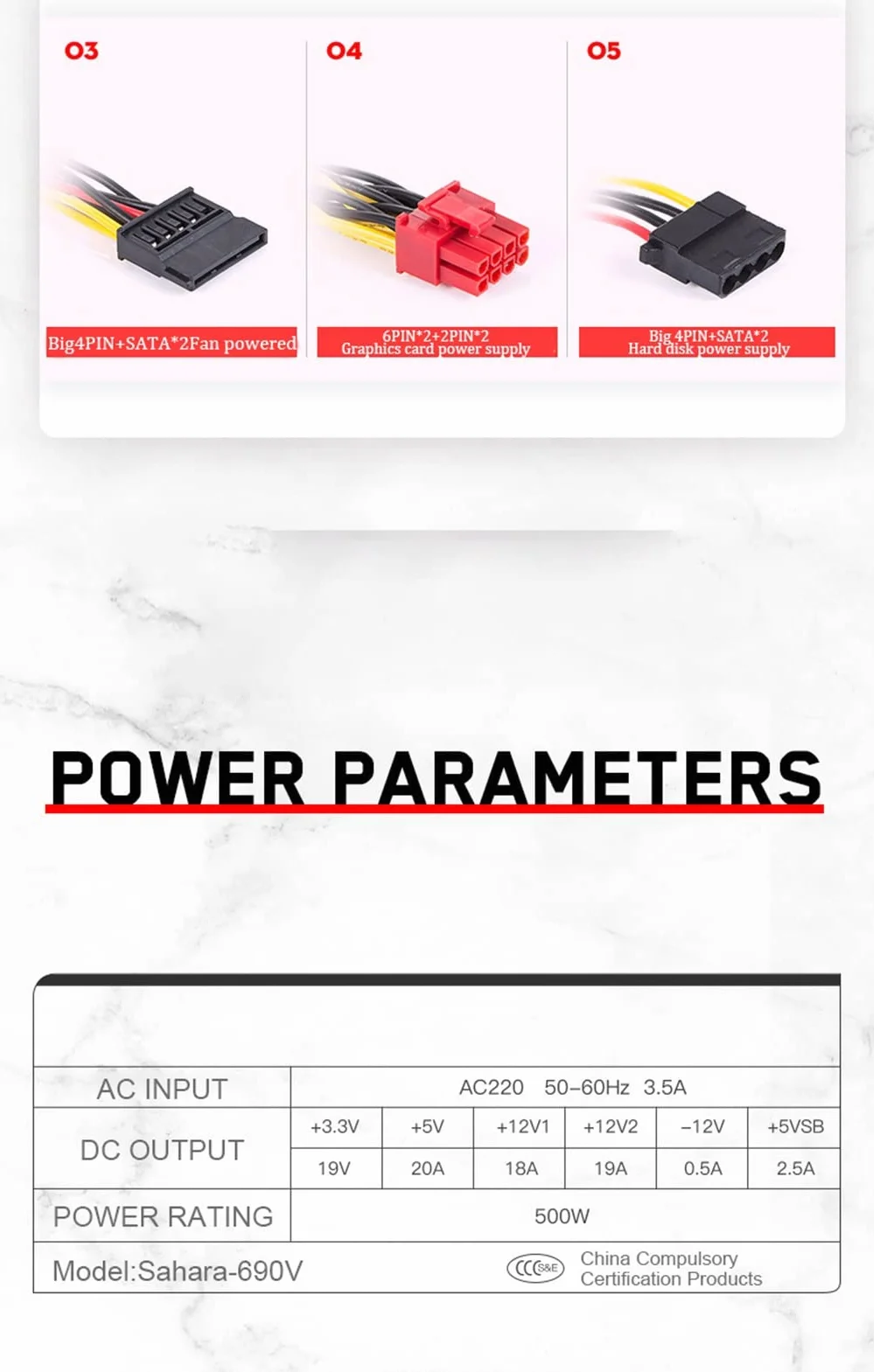 EZZON Zasilacz PC PSU znamionowy 500 W do obudowy komputera ATX Gaming 120mm wentylator 20/24PIN 12V źródło pulpitu