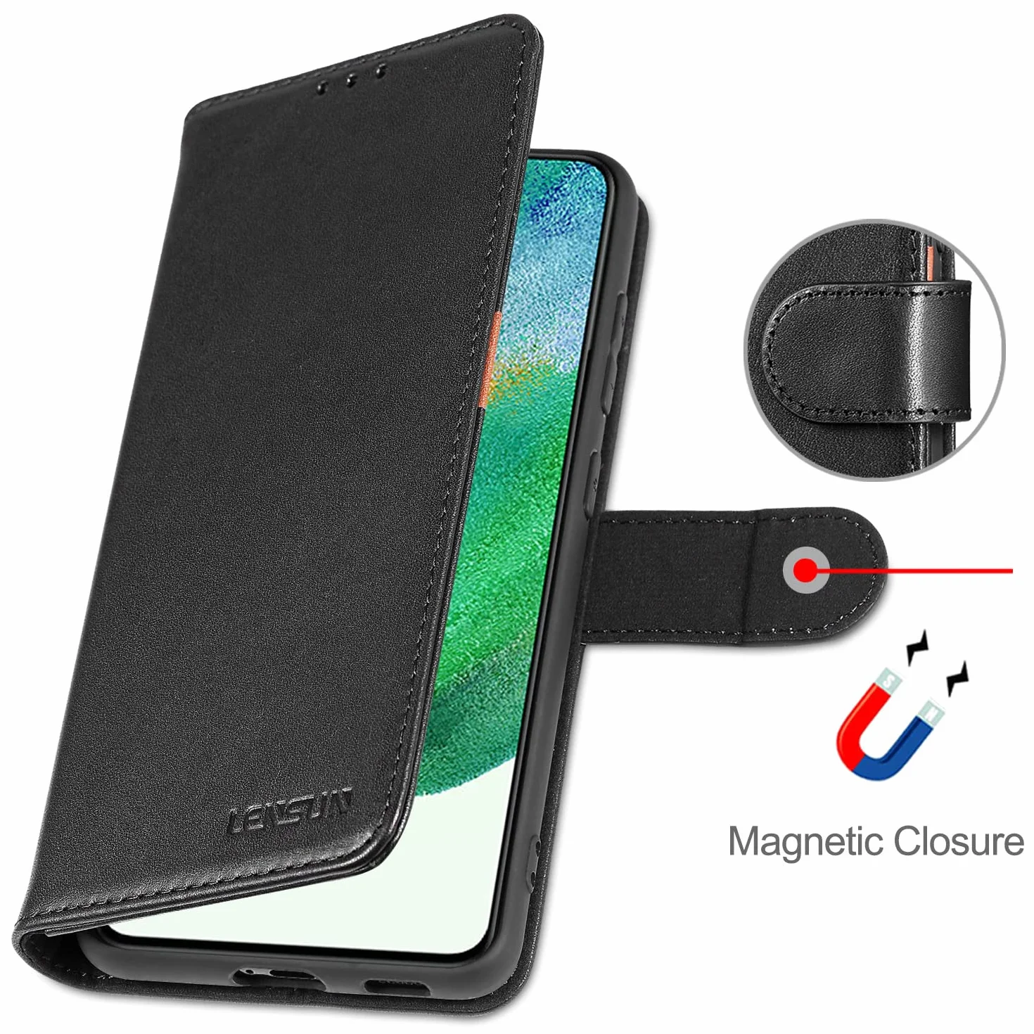 Etui LENSUN do Samsung Galaxy S21 FE 5G, etui z prawdziwej skóry portfel [RFID Blokad] z pamięcią na karty i zapięciem magnetycznym kompatybilne z Samsung S21 FE 5G- czarne (S21FE-JT-5BK)