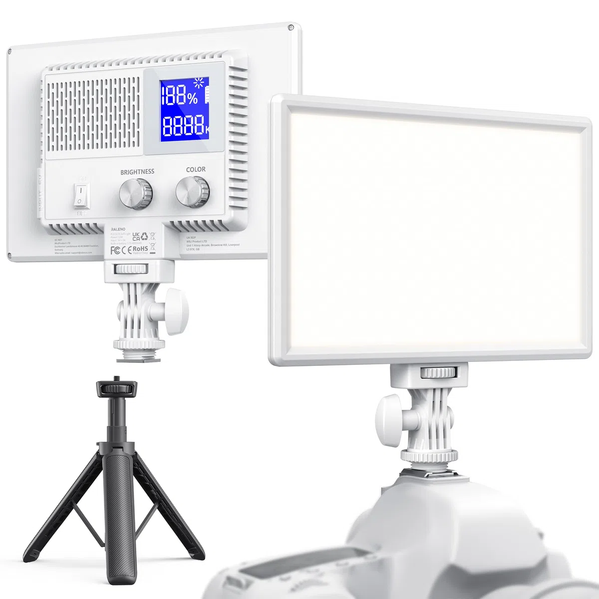 RALENO Lampa wideo 116 LED, 12 W, 600 lx, lampa wideo z mini statywem i wbudowanym akumulatorem 4000 mAh, CRI95+ 3200-5600 K, światło wideo USB do YouTube TikTok Zoom, fotografia, konferencje,