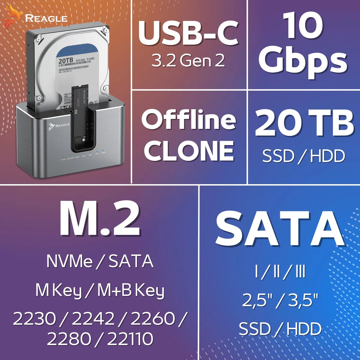 Reagle Stacja Dokująca Dysku SSD HDD SATA 2.5 3.5 NVMe M.2 USB C, USB 3.2 Gen2 10 Gb/s, 28TB, Adapter Klonowanie Offline Dual Szybki Transfer Kompatybilna z PC Laptop Mac Linux