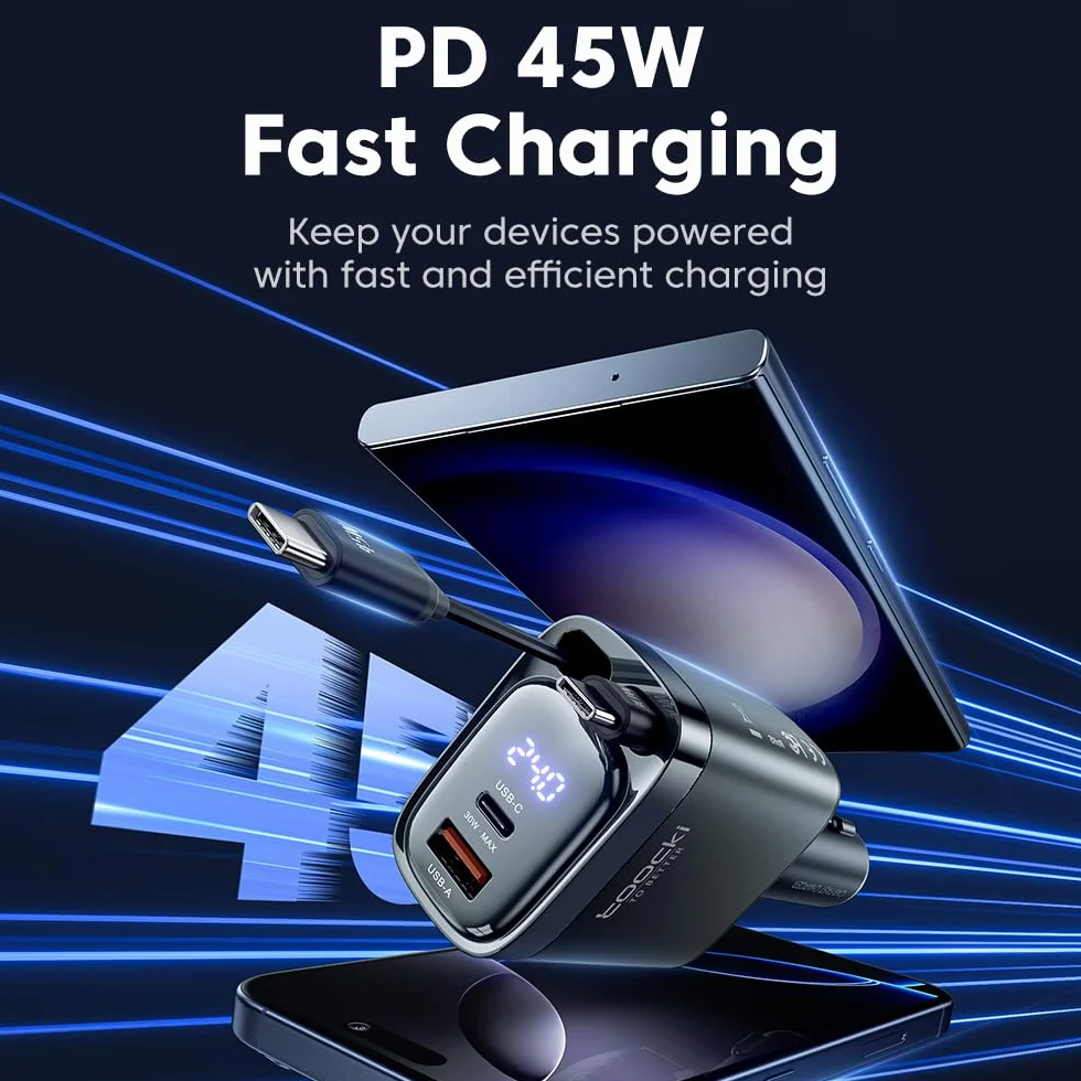 toocki Ładowarka samochodowa USB C 4 w 1 105 W szybka ładowarka z wysuwanym kablem typu C 24/12 V