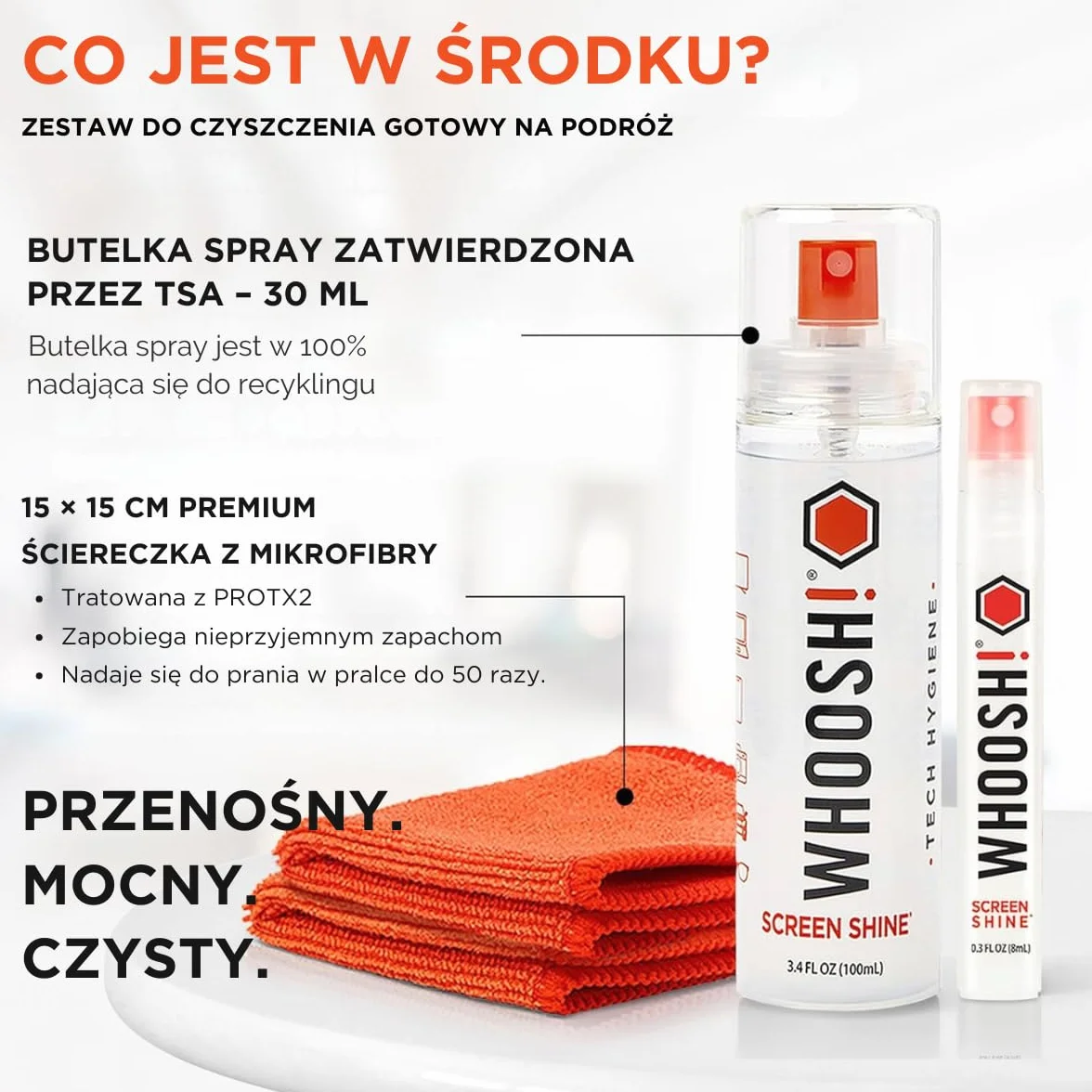 WHOOSH! Zestaw do czyszczenia ekranu 8 ml + 100 ml ściereczki z mikrofibry spray do laptopów MacBooków