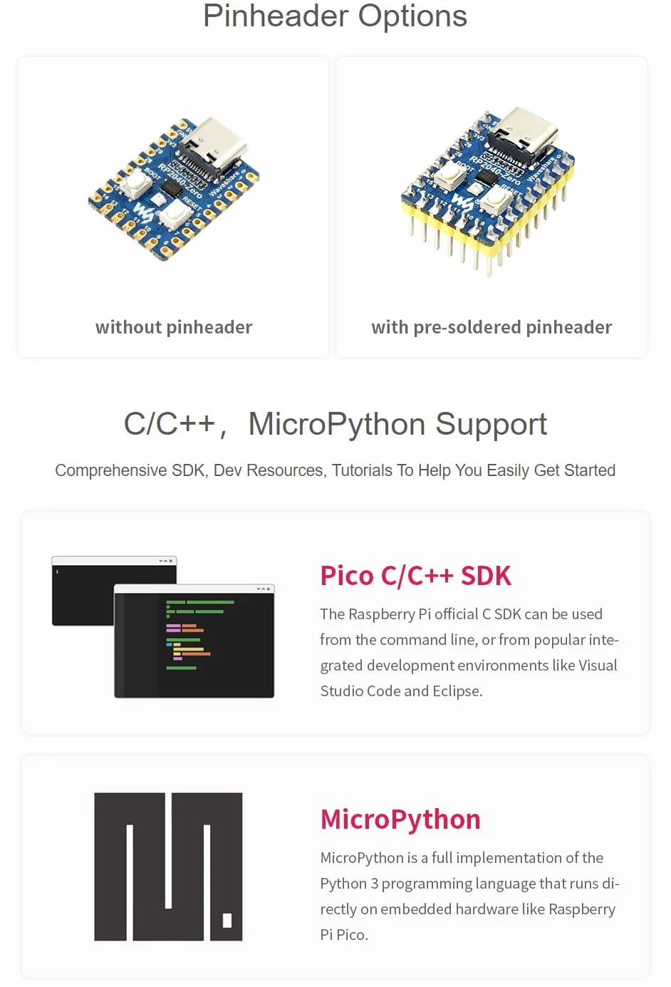 Waveshare RP2040-Zero with Pre-soldered Header(2pcs), High-Performance Pico-Like MCU Board Based on Raspberry Pi Microcontroller RP2040 Castellated Module Allows Soldering Direct to Carrier Boards