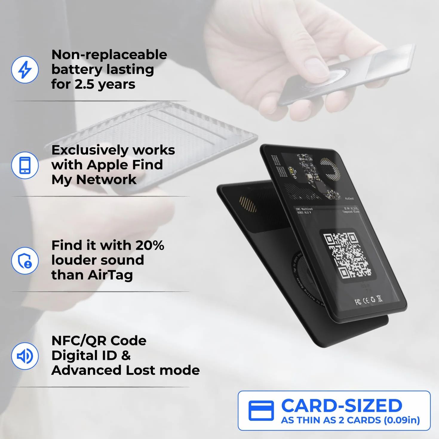 Rolling Square Aircard – lokalizator przedmiotów z funkcją śledzenia Bluetooth, znacznik NFC + karta biznesowa z kodem QR, kompatybilna z Apple Find My, lokalizator portfeli, bagaży, plecaków