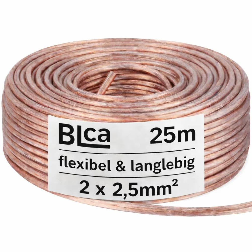 BLca 25m 2x2,5mm² Lautsprecherkabel CCA I Boxenkabel isoliert transparent mit Polaritätskennzeichnung I LS-Kabel als Meterware für Stereoanlage etc.