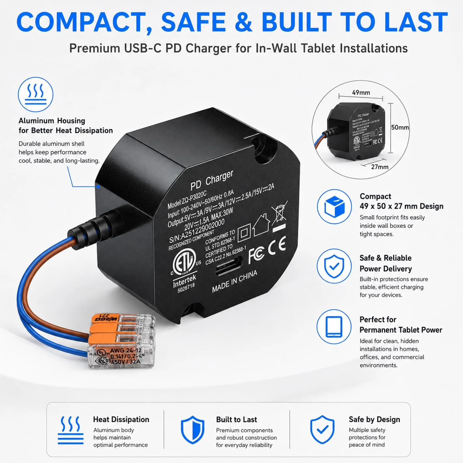 Ładowarka USB typu C 30 W, montaż ścienny AC na typ C, zasilacz do tabletu podtynkowego, zasilacz PD3.0, szybka ładowarka 100-240 V 5 V3A/9V3A/12V2.5A/15V2A/20V1.5A ładowarka do skrzynki Junction Box