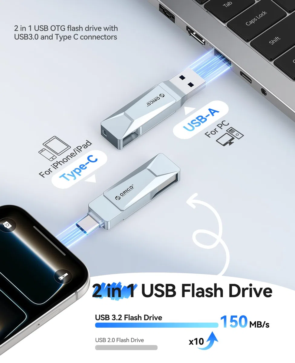 ORICO Pamięć flash USB-C i USB-A 128 GB, 150 MB/S, metalowa obudowa, obrotowa konstrukcja, obsługa funkcji OTG, 2 w 1, pendrive do urządzeń USB C i USB A, CB05 BL