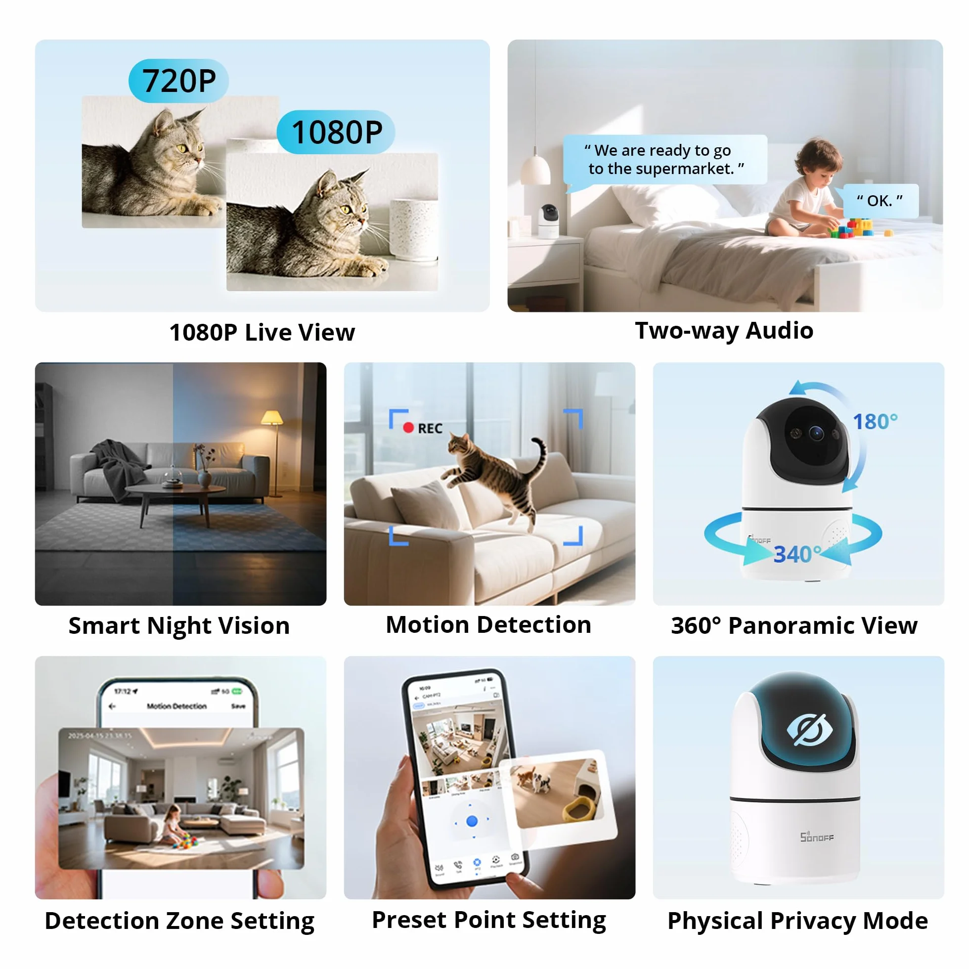 SONOFF Indoor Cam PT2 Kamera WiFi 1080P Obrot Pochylenie 360° Śledzenie Ruchu AI Dwukierunkowe Audio Tryb Nocny