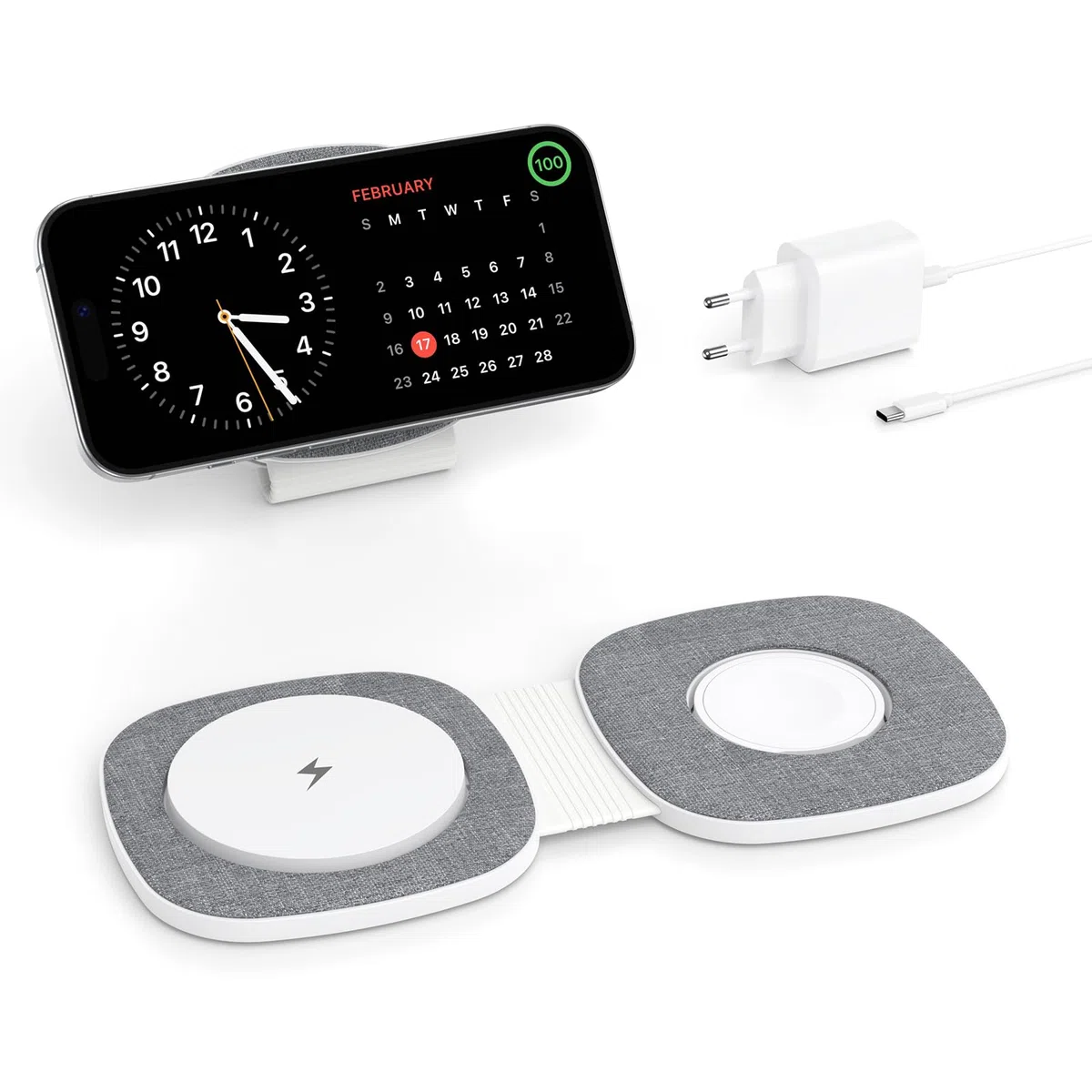 2 w 1 Składana bezprzewodowa ładowarka indukcyjna, kompatybilna z MagSafe, iPhone 17/16/15/14/13/12, Apple Watch 11–1, AirPods Pro, z szybkim adapterem 20W | Przyjazna w podróży kompaktowa konstrukcja, składana przenośna, adapter PD 20 W w zestawie