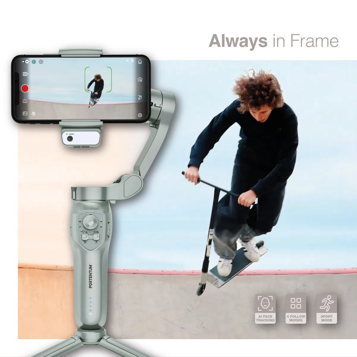 PORTENTUM 7 Pro Stabilizator smartfona z autonomicznym modułem sztucznej inteligencji - składany 3-osiowy uchwyt ze statywem - stabilizator iPhone i Android - opcjonalna aplikacja - TikTok vlog