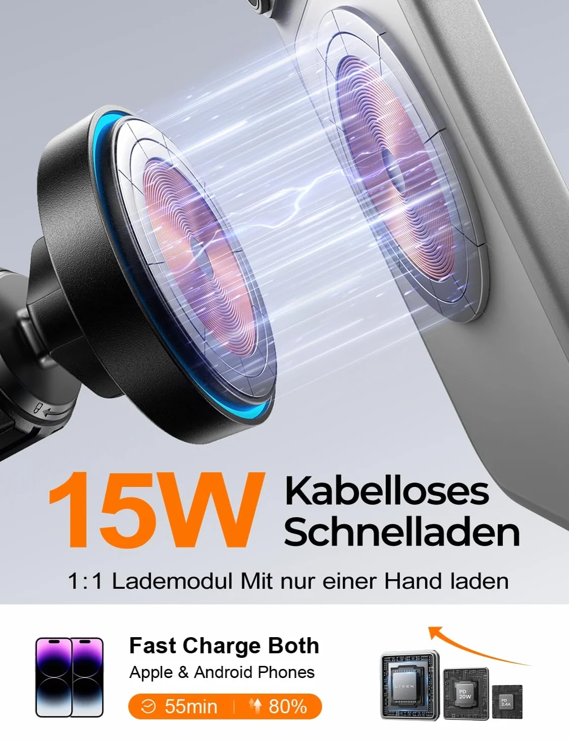 LISEN Magsafe uchwyt samochodowy na telefon komórkowy 15 W, funkcja szybkiego ładowania indukcyjnego, kompatybilny z MagSafe Fast Wireless Charger Auto, do iPhone 16 15 14 Pro Max, iPad, Samsung