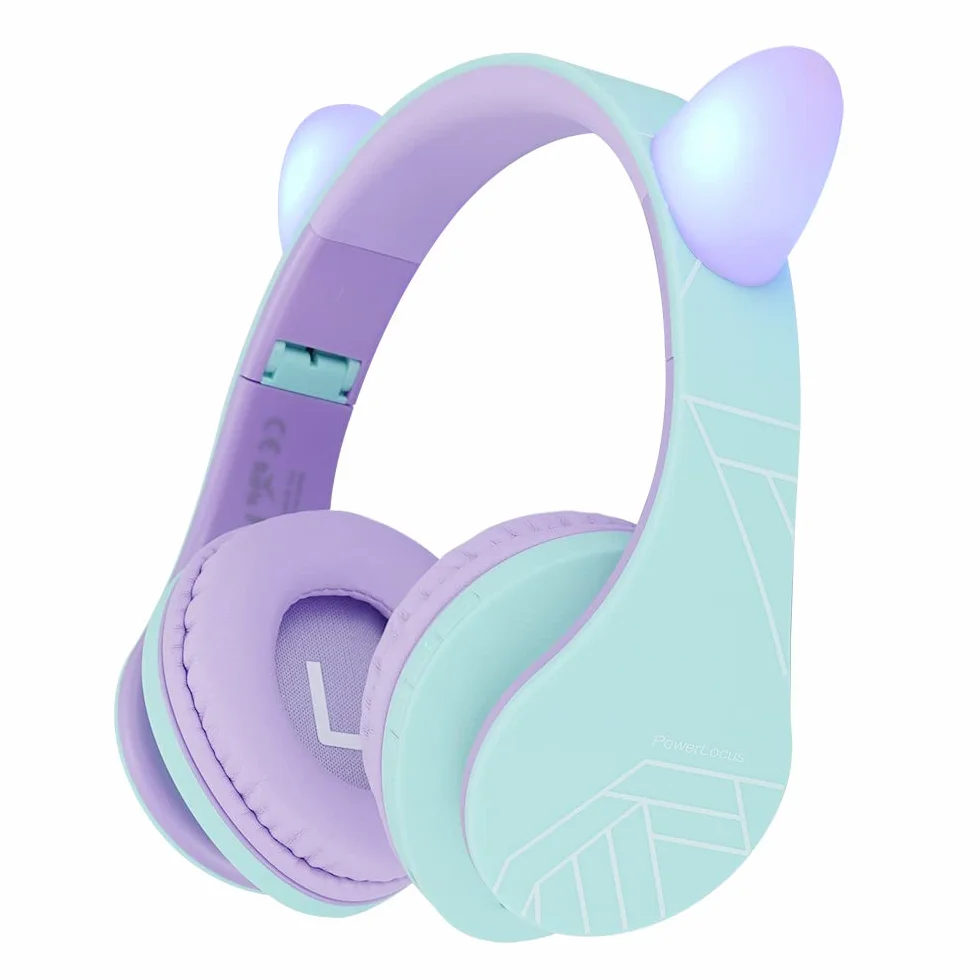 PowerLocus Dziecięce słuchawki douszne, Bluetooth z ograniczeniem głośności 85 dB, składane, z torbą do noszenia, bezprzewodowe słuchawki nauszne i kabel z mikrofonem, trybem micro SD do telefonu