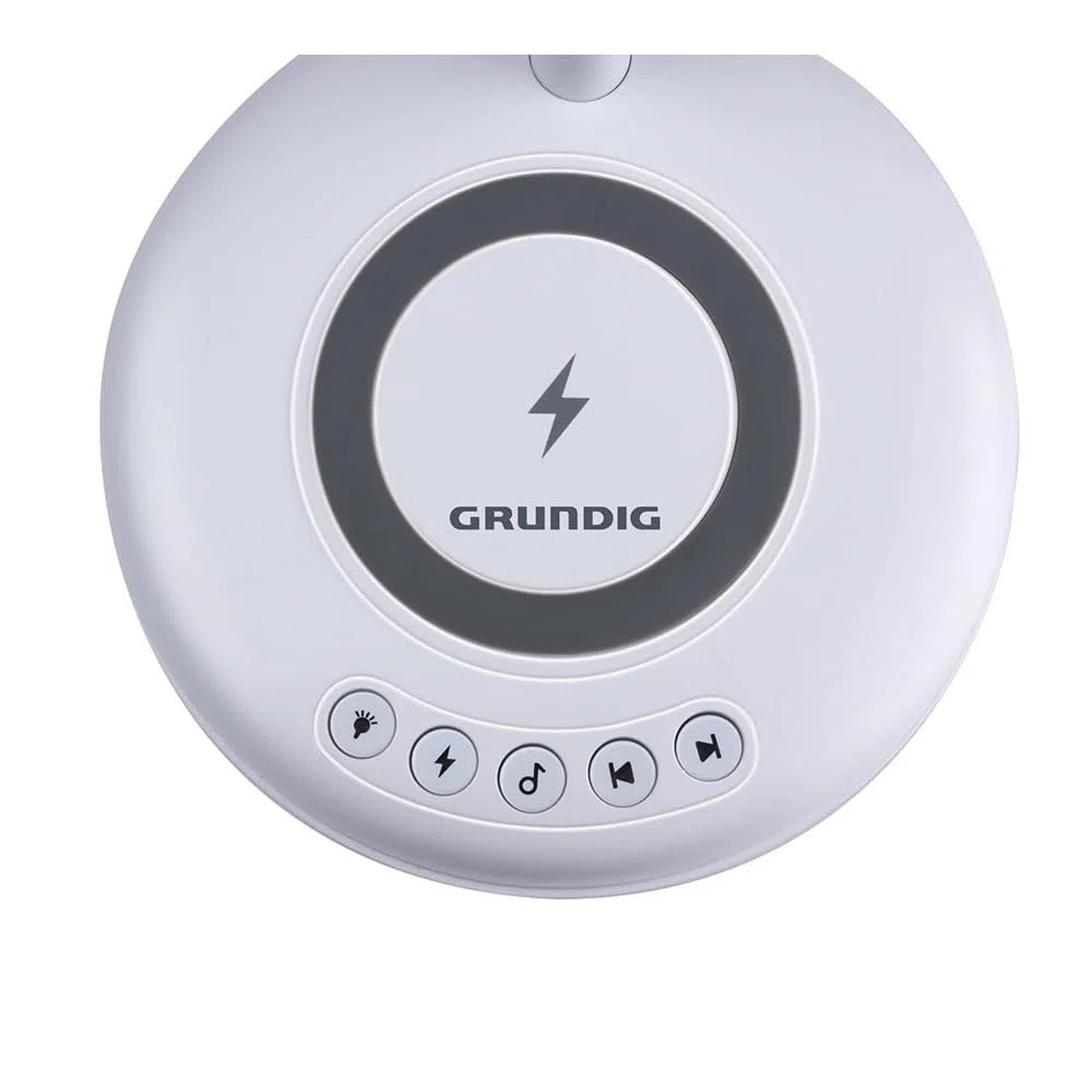 Grundig Lampa biurkowa LED 3 w 1 - technologia Qi - bezprzewodowa ładowarka do telefonu komórkowego - głośnik Bluetooth - 4 nóżki - biała
