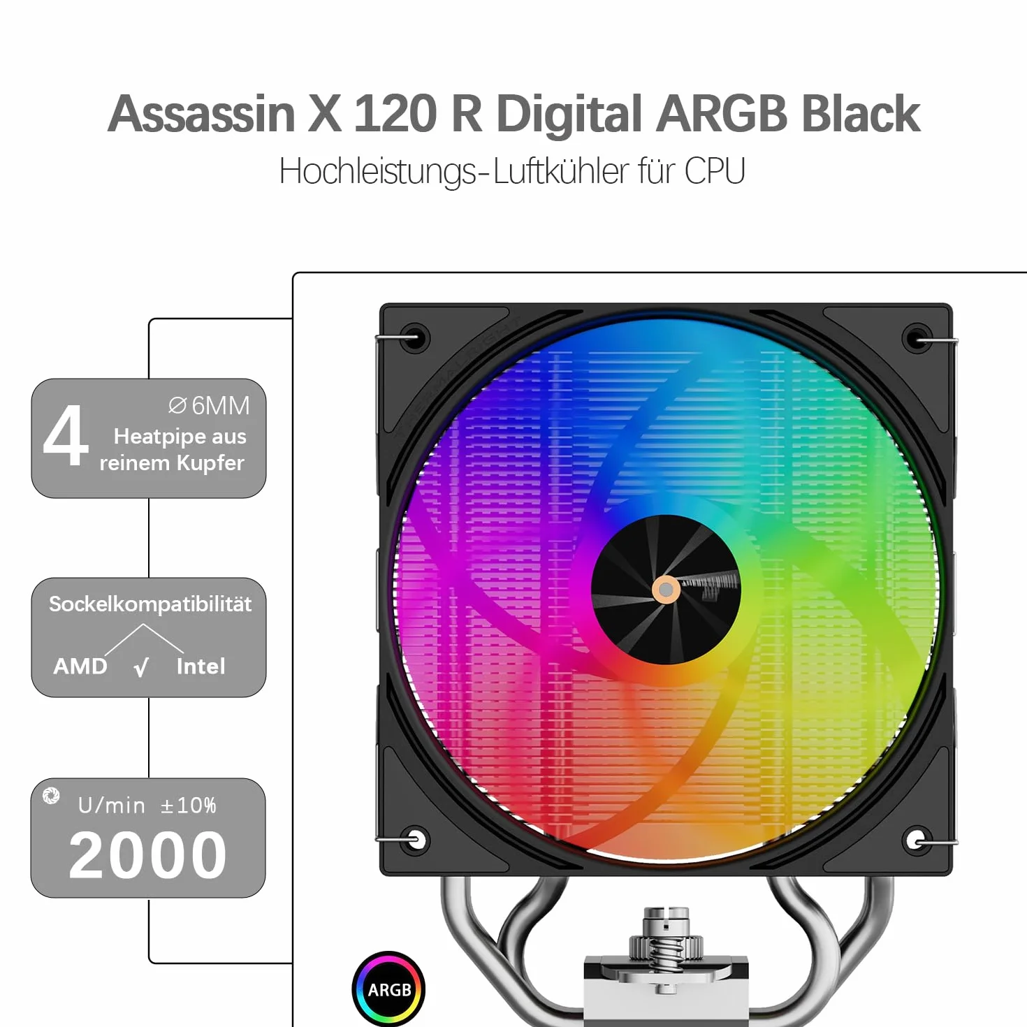 TR-Thermalright Assassin X 120 Digital ARGB Black,chłodzenie CPU,4×6 mm rurki cieplne,wentylator PWM 120mm-2000 obr./min,pokrywa górna z wyświetlaczem cyfrowym, dla AM5/AM4,Intel LGA1851/1700,Czarny