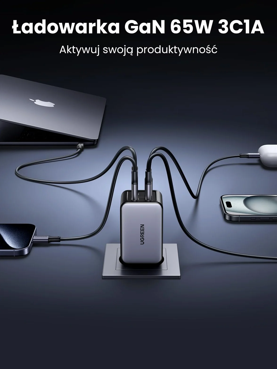 UGREEN Nexode 65 W Ładowarka USB C 4-portowy zasilacz GaN Wiele szybkich ładowarek Ładowarka PD Obsługuje PPS 45 W Kompatybilna z MacBookiem Pro/Air, iPadem Pro, serią iPhone 16-8, Galaxy S24