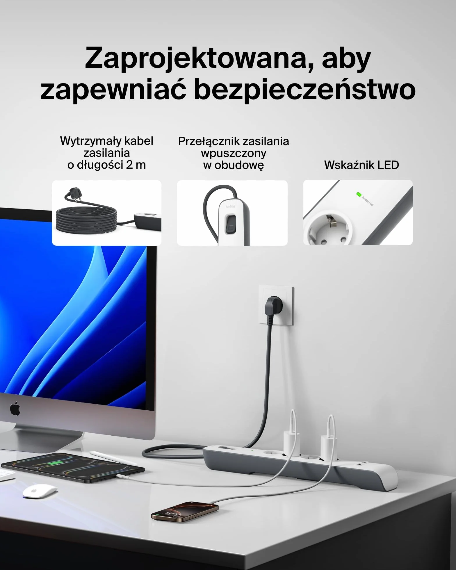 Belkin Surge Plus listwa zasilająca z 4 gniazdami z zabezpieczeniem przeciwprzepięciowym (w zestawie 2 złącza USB z kablem 2,4 A, 2 m) biała/szara