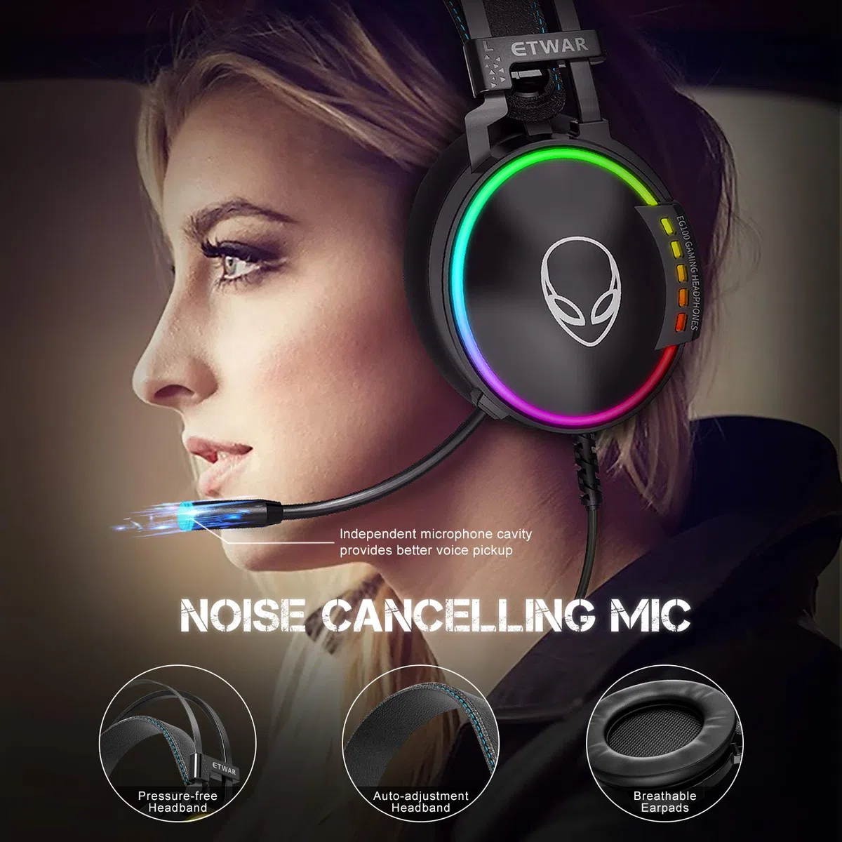 ETWAR PS4 zestaw słuchawkowy do gier USB do PC - 7.1 dźwięk przestrzenny słuchawki z mikrofonem - RGB zestaw słuchawkowy kompatybilny z PS4, PC, laptop-Over Ear gamingowy zestaw słuchawkowy - mocny basowy dźwięk gamingowy zestaw słuchawkowy