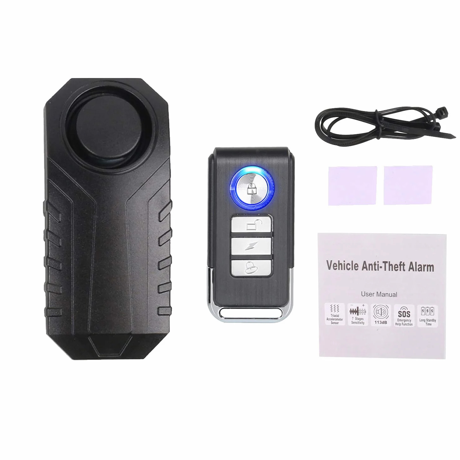 Mengshen Ulepszony alarm rowerowy antykradzieżowy z pilotem, głośny, wodoodporny alarm antywłamaniowy 113 db z regulacją głośności i czułości do roweru, motocykla, skutera, samochodu, przyczepy