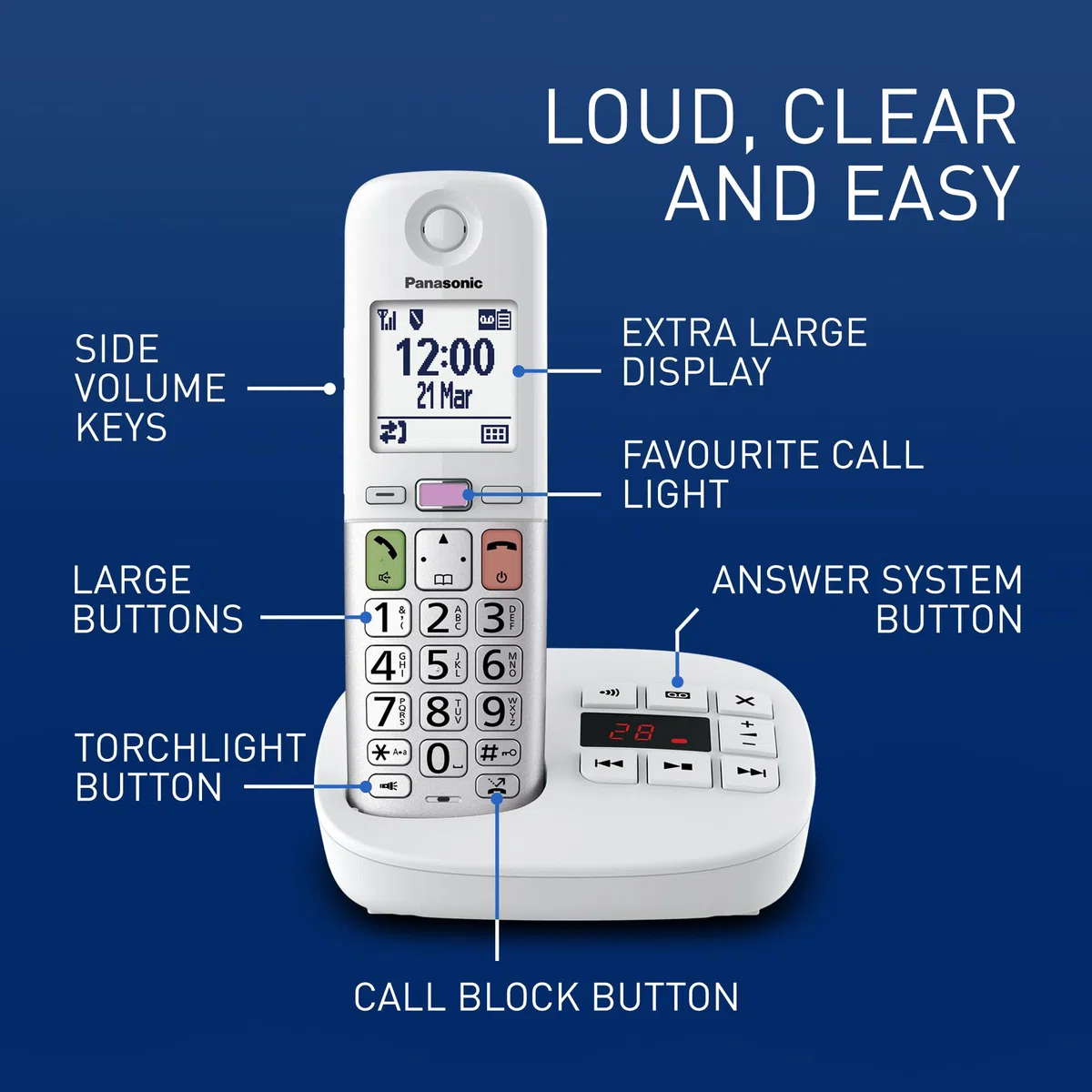 Panasonic KX-TGU430EXW Cyfrowy Telefon Bezprzewodowy z Automatyczną sekretarką, Wzmocnioną głośnością, jednostką podstawową i 1 słuchawkami, wyświetlaczem LCD, latarką, kompatybilną ze słuchawkami