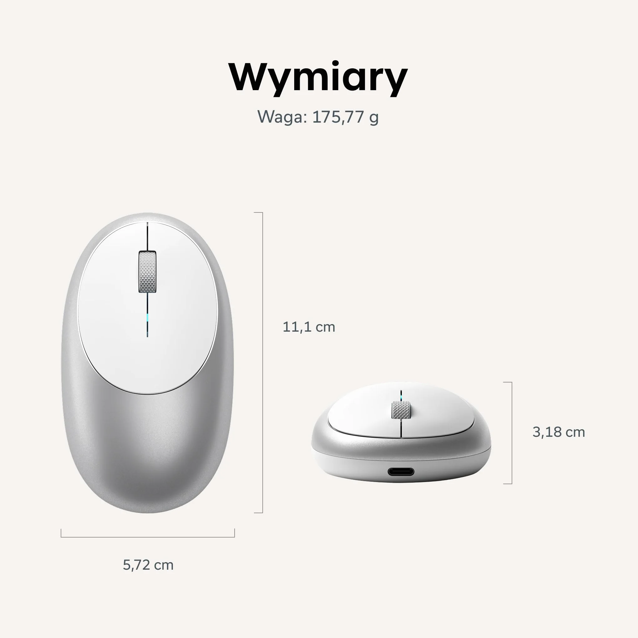 SATECHI Mysz bezprzewodowa M1 aluminium USB-C 1200 DPI Bluetooth srebrna