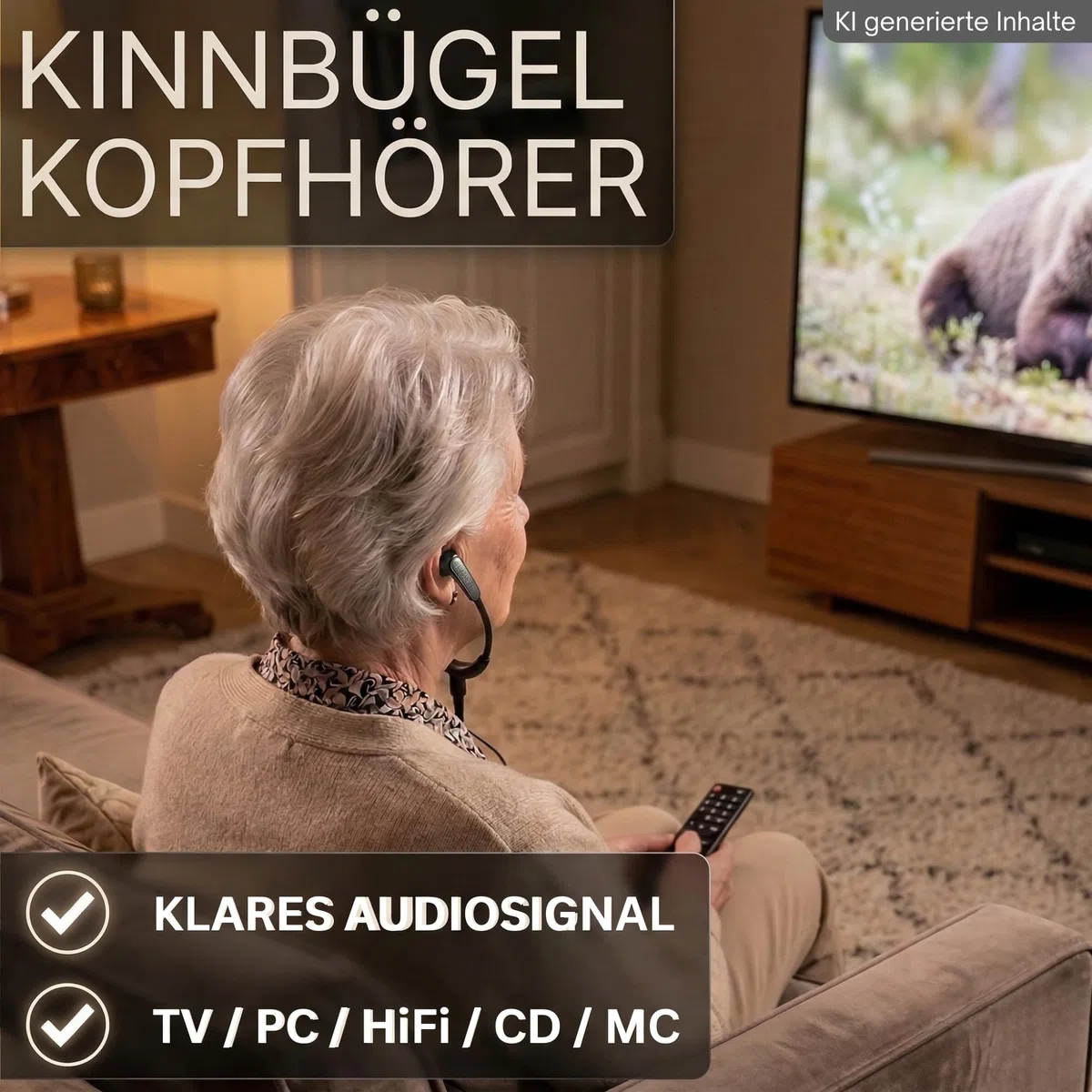 TronicXL Słuchawki z pałąkiem na podbródek do TV PC i seniorów HiFi 117dB głośne słuchawki telewizyjne z kablem 3 m długości 3,5 mm wtyczka jack