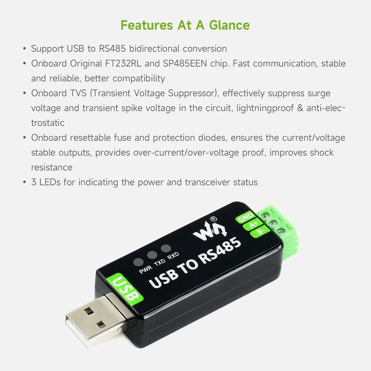 LUCKFOX Konwerter USB na RS485, przemysłowy konwerter USB na RS485, stabilna komunikacja, do przemysłowych urządzeń sterujących lub aplikacji o wysokich wymaganiach komunikacyjnych