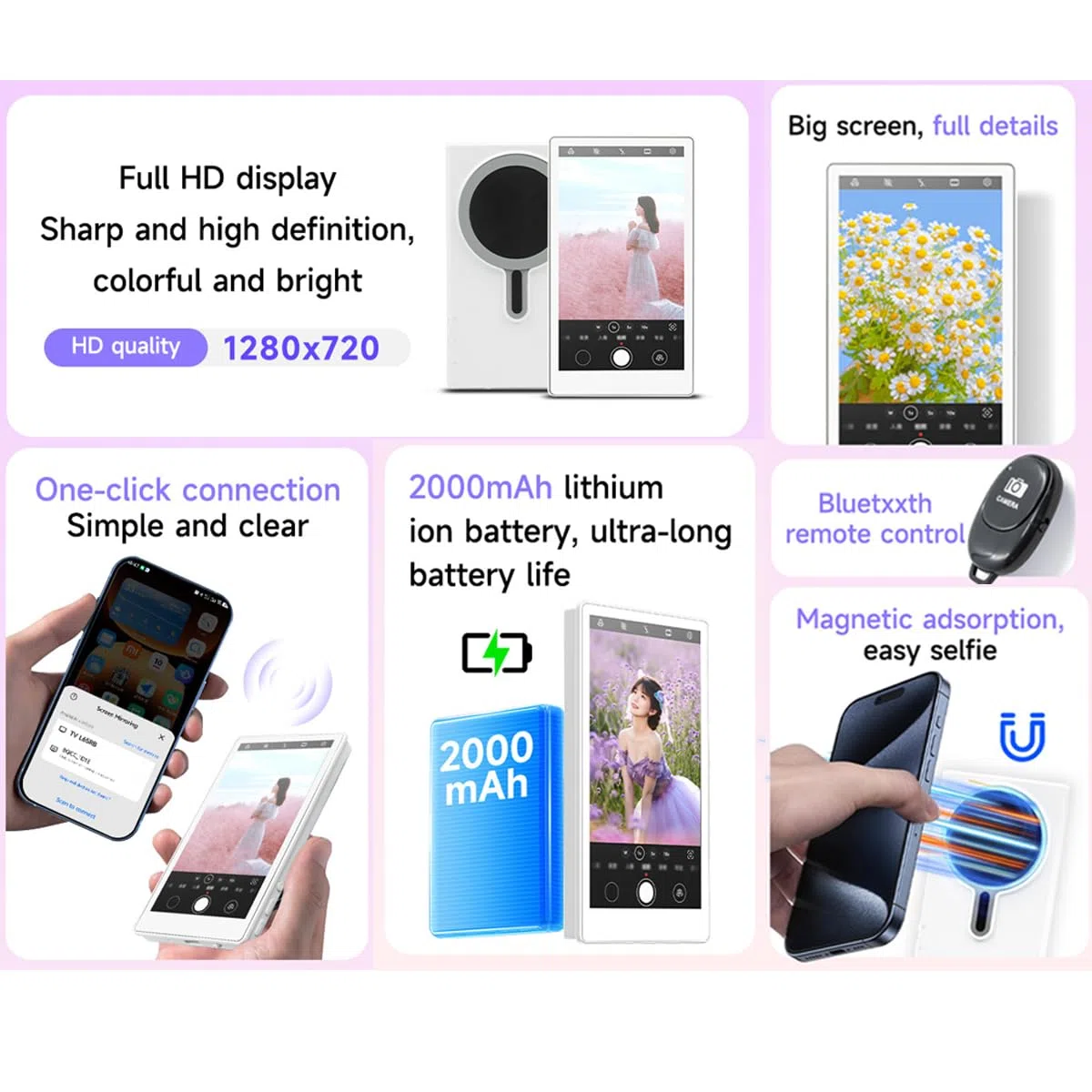 Magnetyczny telefon vlog selfie monitor, bezprzewodowy ekran selfie do iPhone'a i Androida 2000 mAh z pilotem Bluetooth, 3-poziomowa jasność i tryb szerokiego ekranu, do selfie, vloga, bez opóźnień