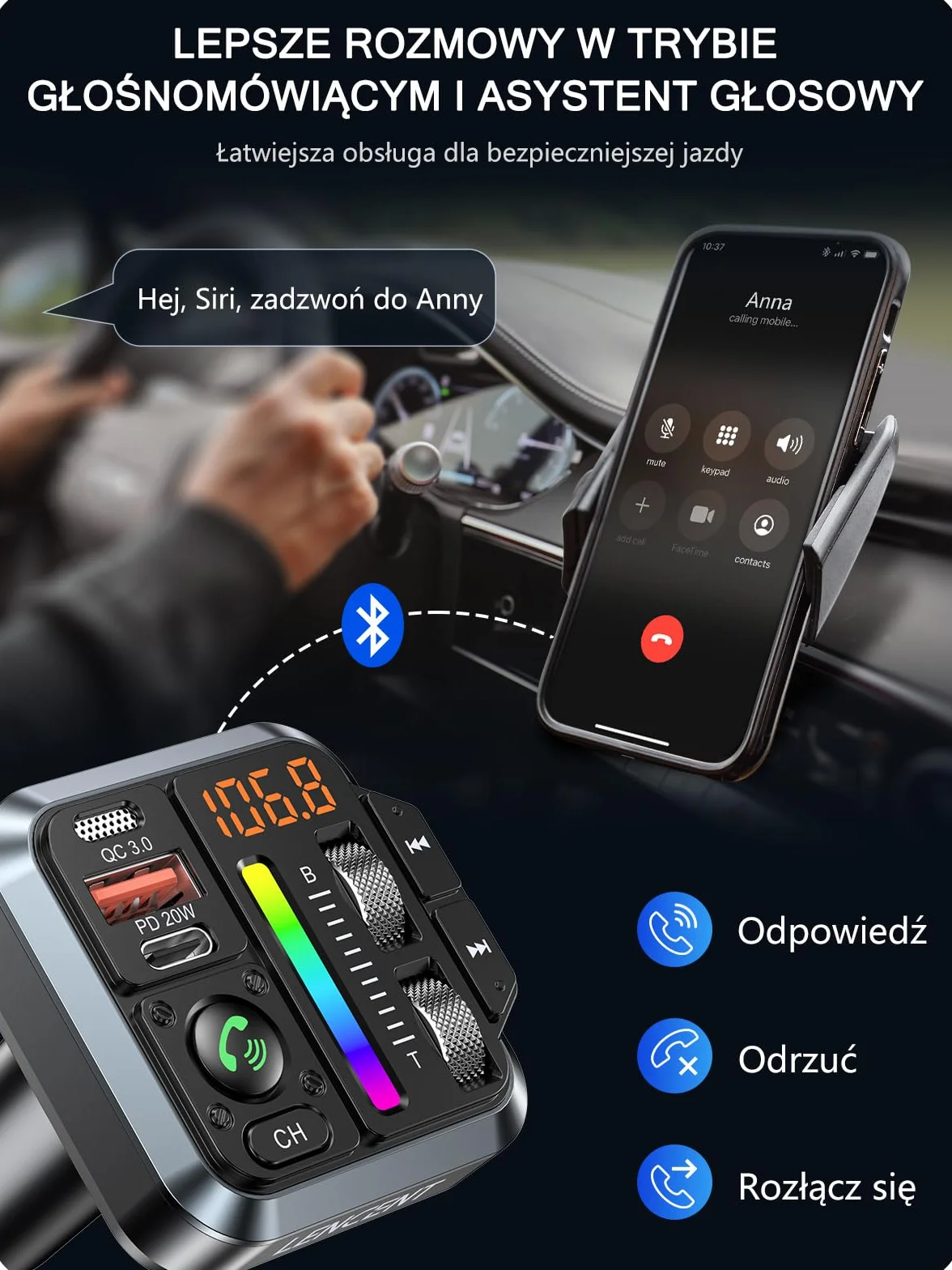 LENCENT 5.3 Samochodu Nadajnik FM Bluetooth, Bezprzewodowy Adapter Radiowy z Typ C PD 20 W + QC3.0 ładowarka Fast USB, Zestaw Głośnomówiący, Odtwarzacz Stereo MP3, Obsługuje dysk U, Kolorowe światło