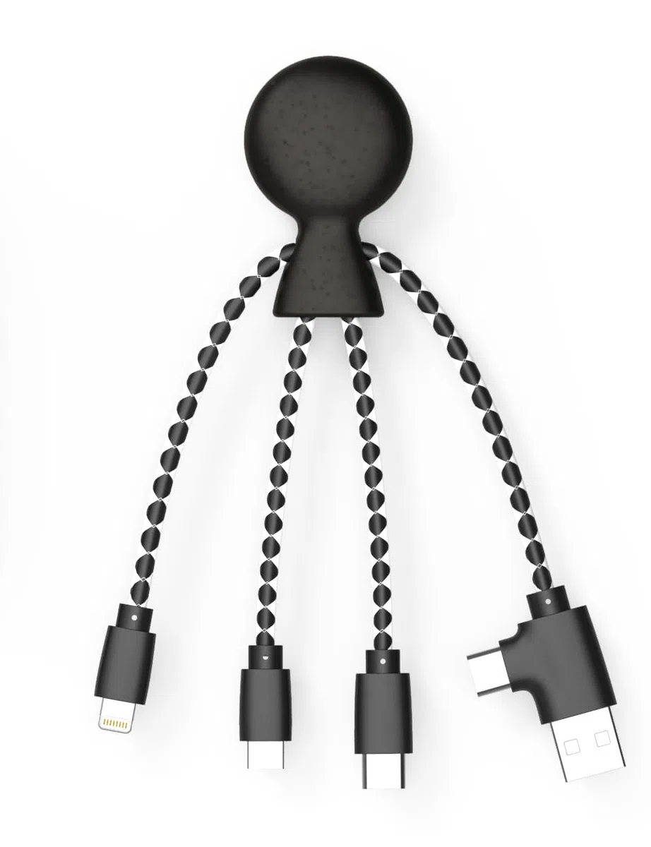 Xoopar - Mr Bio 4w1 kabel Multi USB w kształcie czarnej ośmiornicy - uniwersalna ładowarka z tworzywa sztucznego z recyklingu - gniazdo USB, USB-C, Lightning, Micro USB do uniwersalnego smartfona