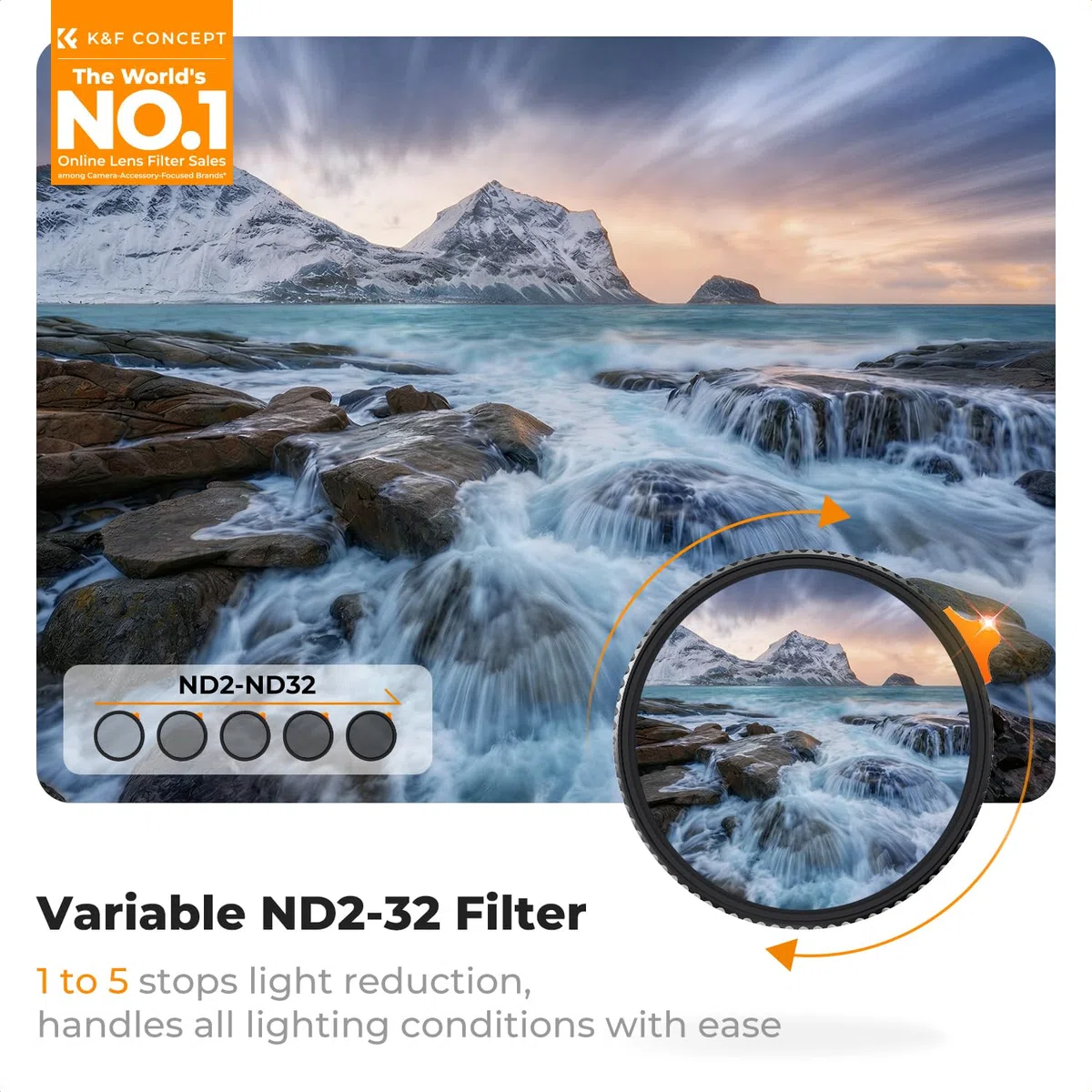 K&F Concept Filtr ND o zmiennym kolorze 52 mm ND2-32, ultra niski współczynnik odbicia, neutralna gęstość, regulowany filtr obiektywu ND, powłoka nano-wodoodporna, seria Nano-X