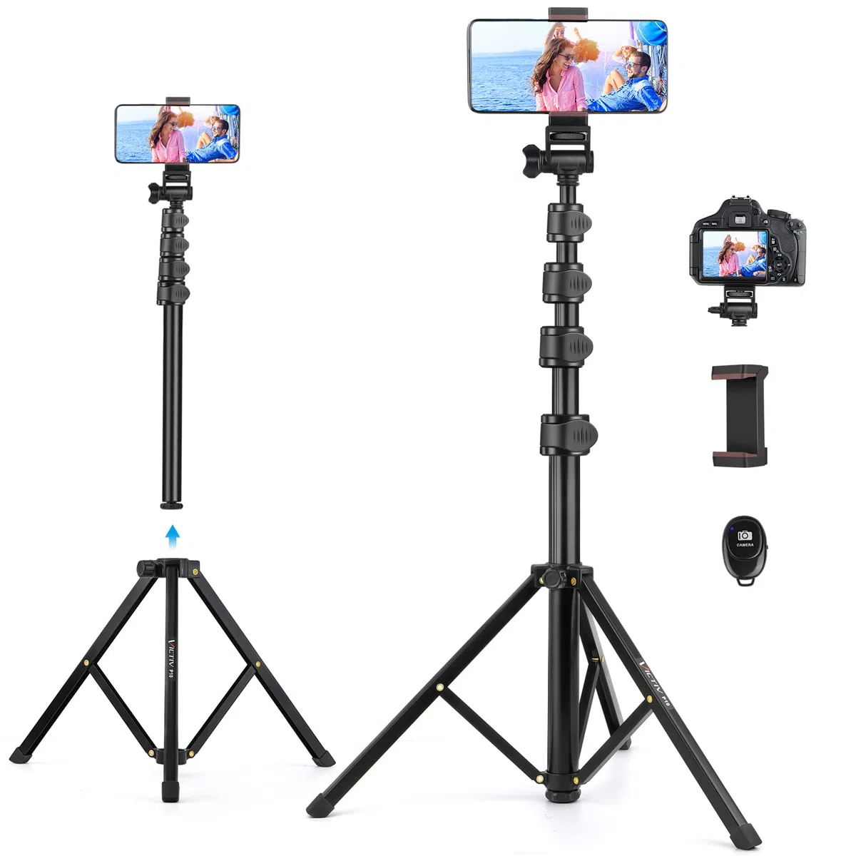 Victiv aluminiowy statyw do smartfona 172 cm, wysuwany statyw do selfie z bezprzewodowym pilotem zdalnego sterowania i uchwytem na telefon komórkowy, kompatybilny z iPhone 14 13 12 11 Pro XS Max XR,