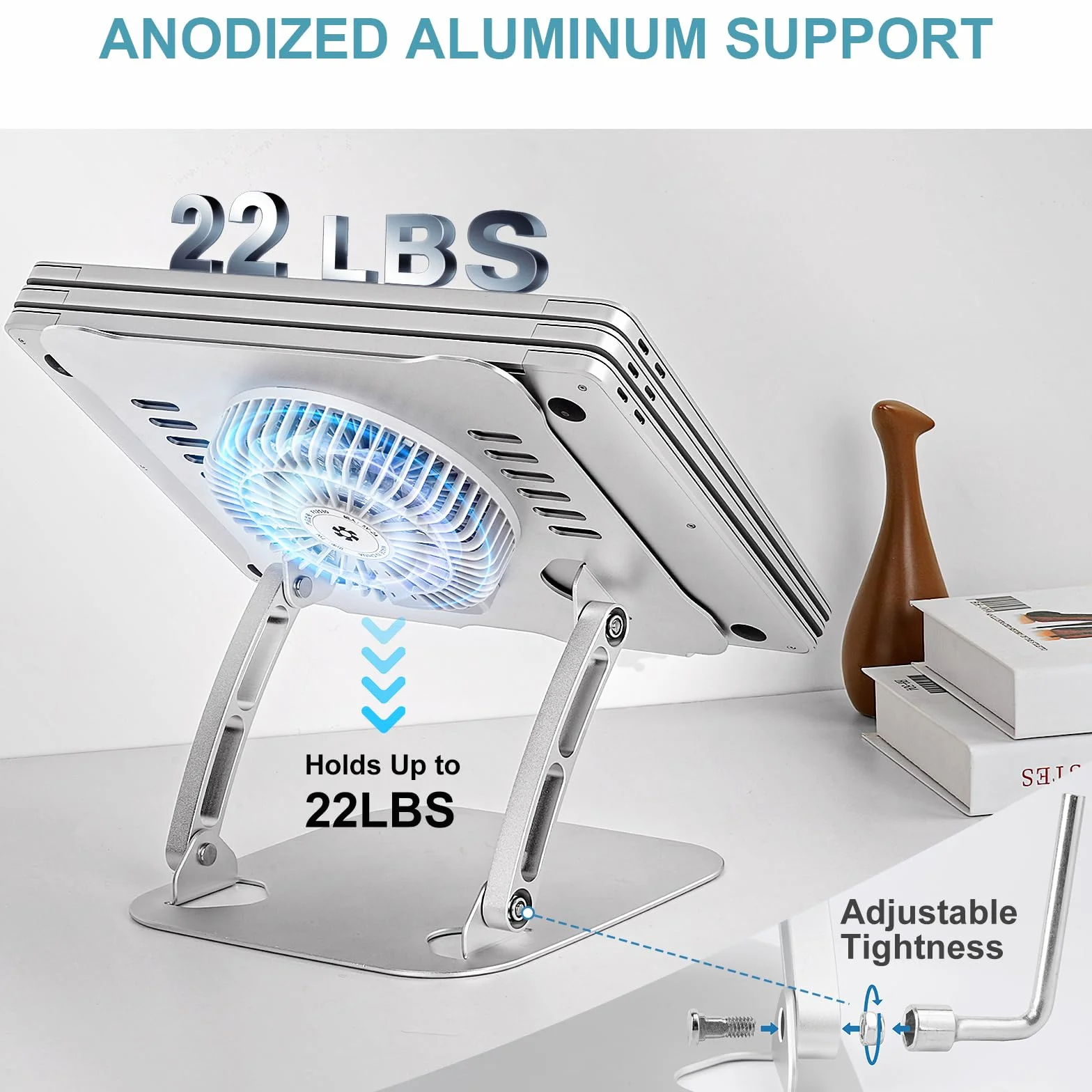 SHUWEI Stojak chłodzący na laptopa z 3-biegowym wentylatorem, regulowana wysokość, stojak na laptopa, ergonimiczna aluminiowa podkładka chłodząca do laptopa 10-15'' - szary (Bule-Grey)