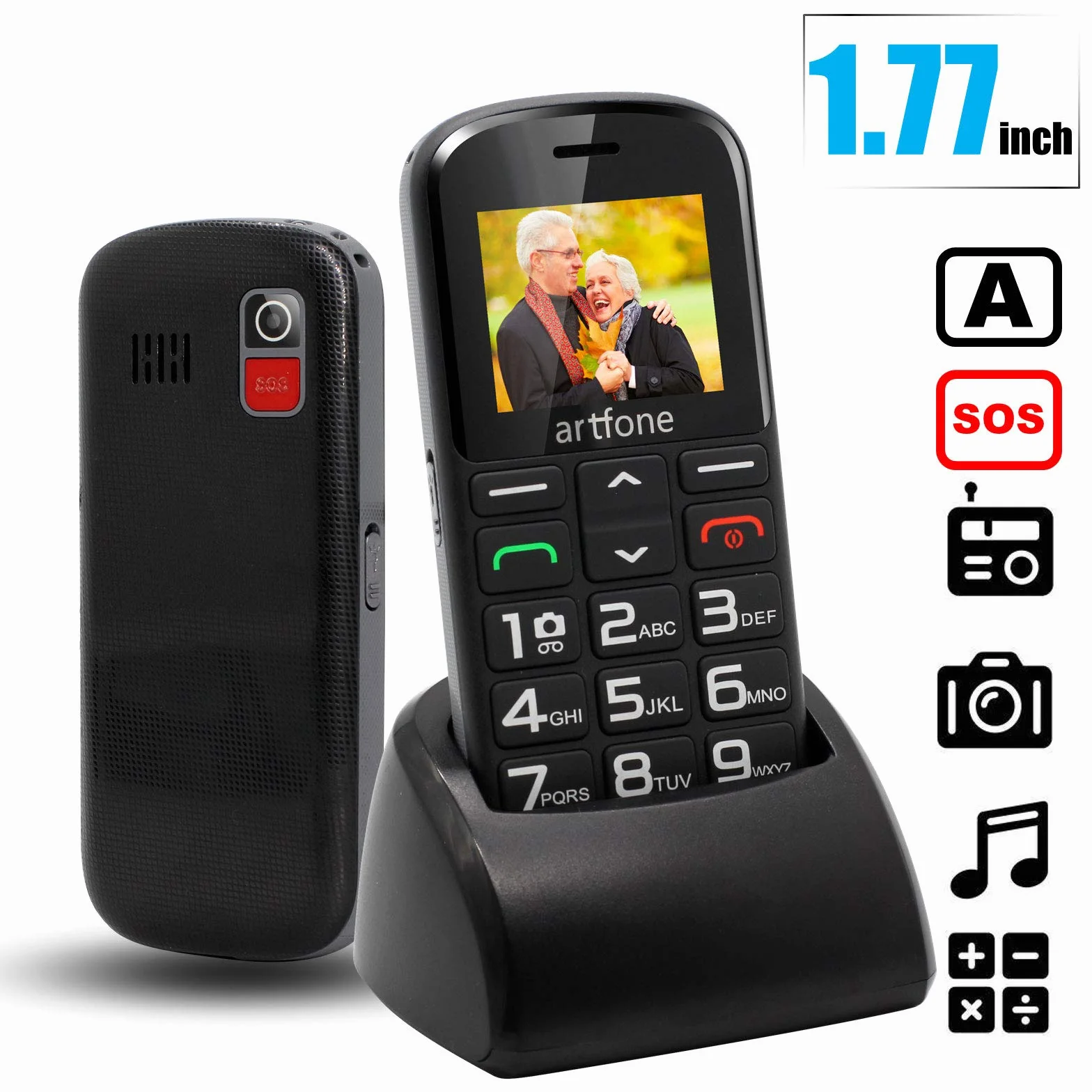 Mobilna do większych przycisków, 2 g gsm, z przyciskiem SOS, ładowarką, odblokowywanie podstawowe, latarka do telefonu komórkowego dla starszych Artfone CS182 (czarna)
