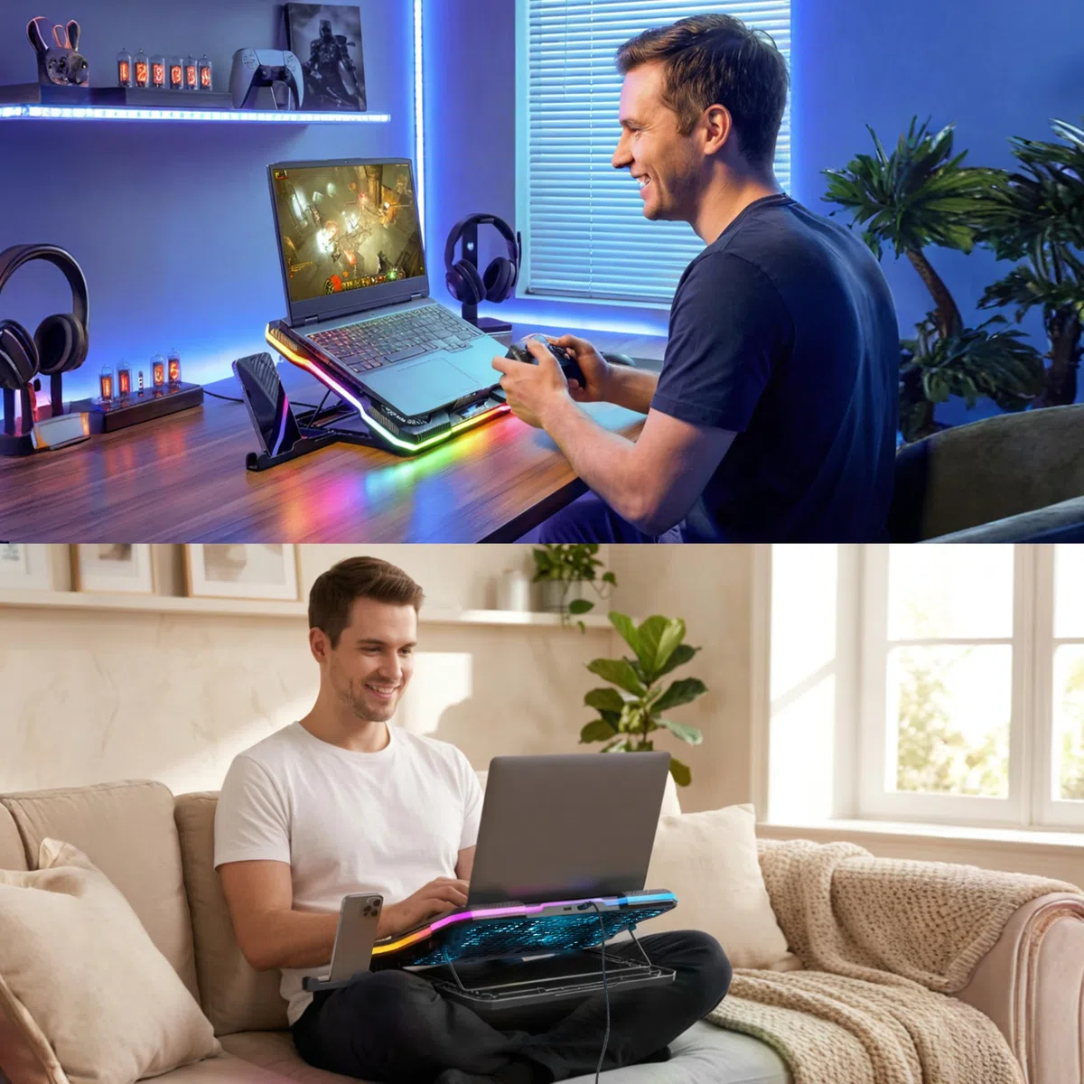 podkładka chłodząca do laptopa z 9 cichymi wentylatorami do notebooków 14-19", stojak chłodzący do gier z 6 regulowanymi prędkościami wentylatora, 10 trybów światła RGB, 2 porty USB i uchwyt na